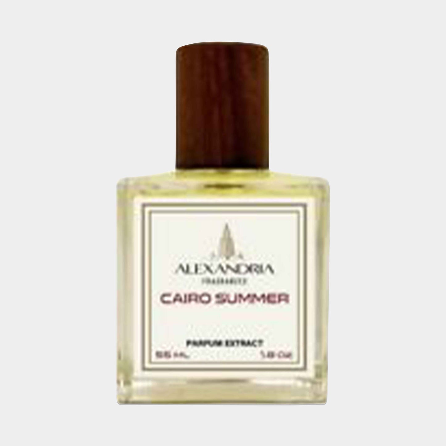 A bottle of Alexandria Fragrances Cairo Summer Sample, featuring a clear glass design with a wooden cap, containing 55 mL of parfum extract. The label displays the brand name and fragrance title.