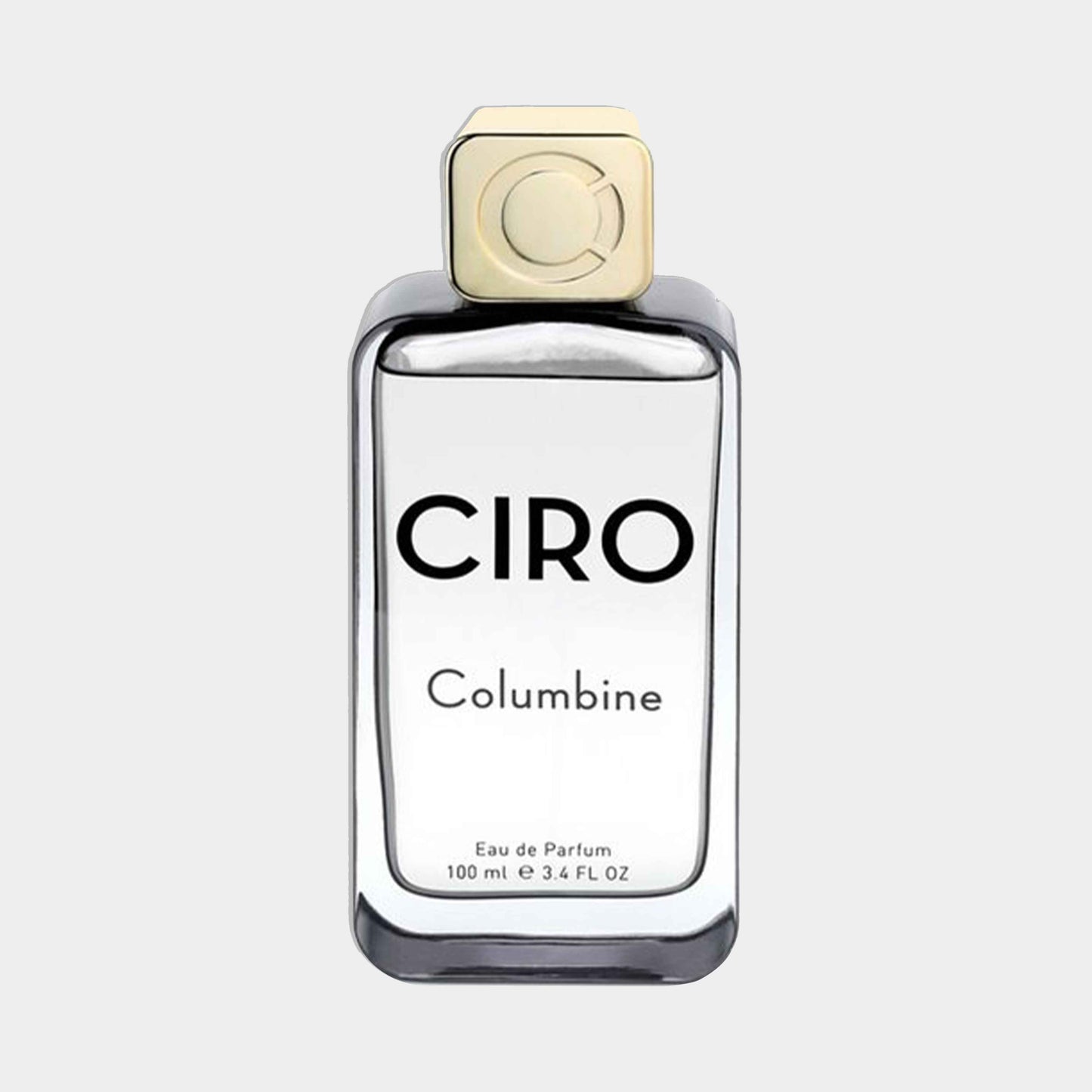 A sleek bottle of Ciro Columbine Sample perfume, featuring a modern design with a gold cap and clear rectangular body, containing 100ml of Eau de Parfum.