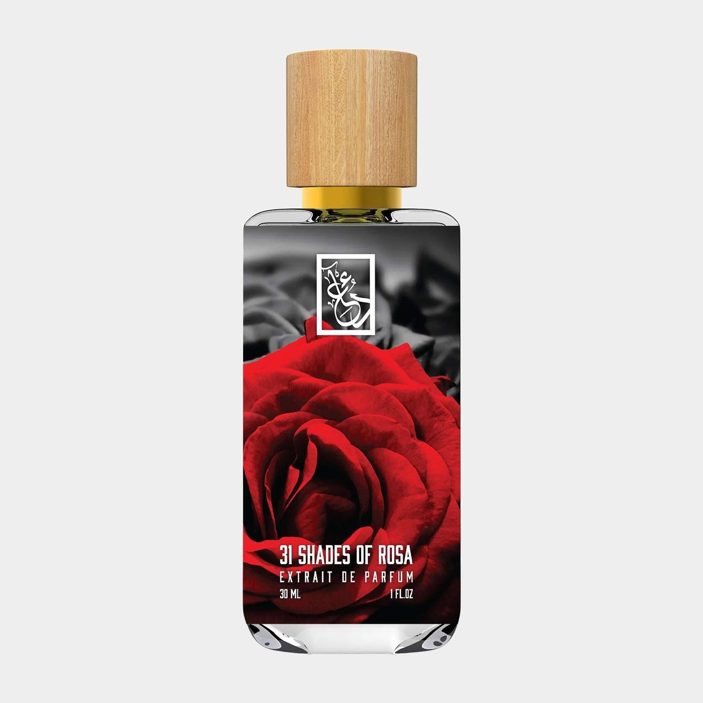 A stylish perfume bottle labeled Dua 31 Shades of Rosa Sample, featuring a black and red rose design and a wooden cap, showcasing its luxurious essence in a 30 mL size.