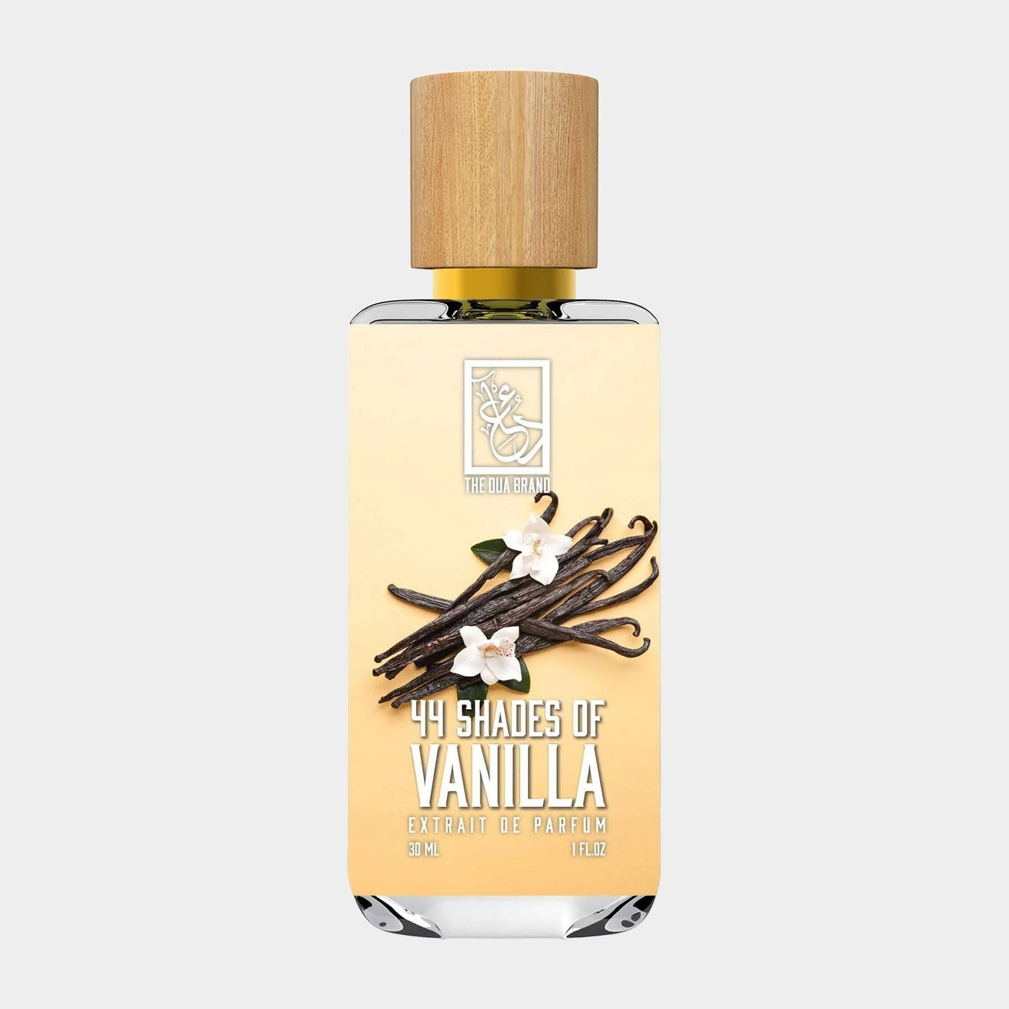 A bottle of Dua 44 Shades of Vanilla Sample, featuring an elegant design with a wooden cap and adorned with vanilla pods and flowers on a yellow background. The bottle contains 8 ml of parfum extrait.
