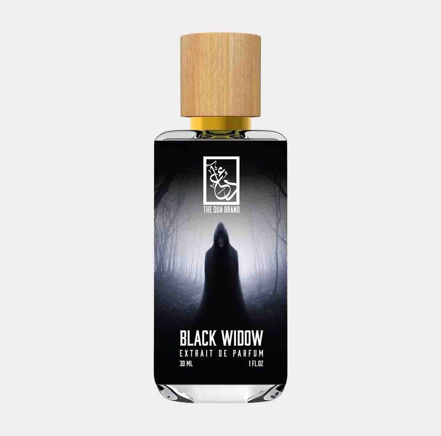 Dua Black Widow Sample is a 30 ml bottle of extrait de parfum, featuring a dark, mysterious label with an enigmatic figure silhouetted against a forest backdrop.