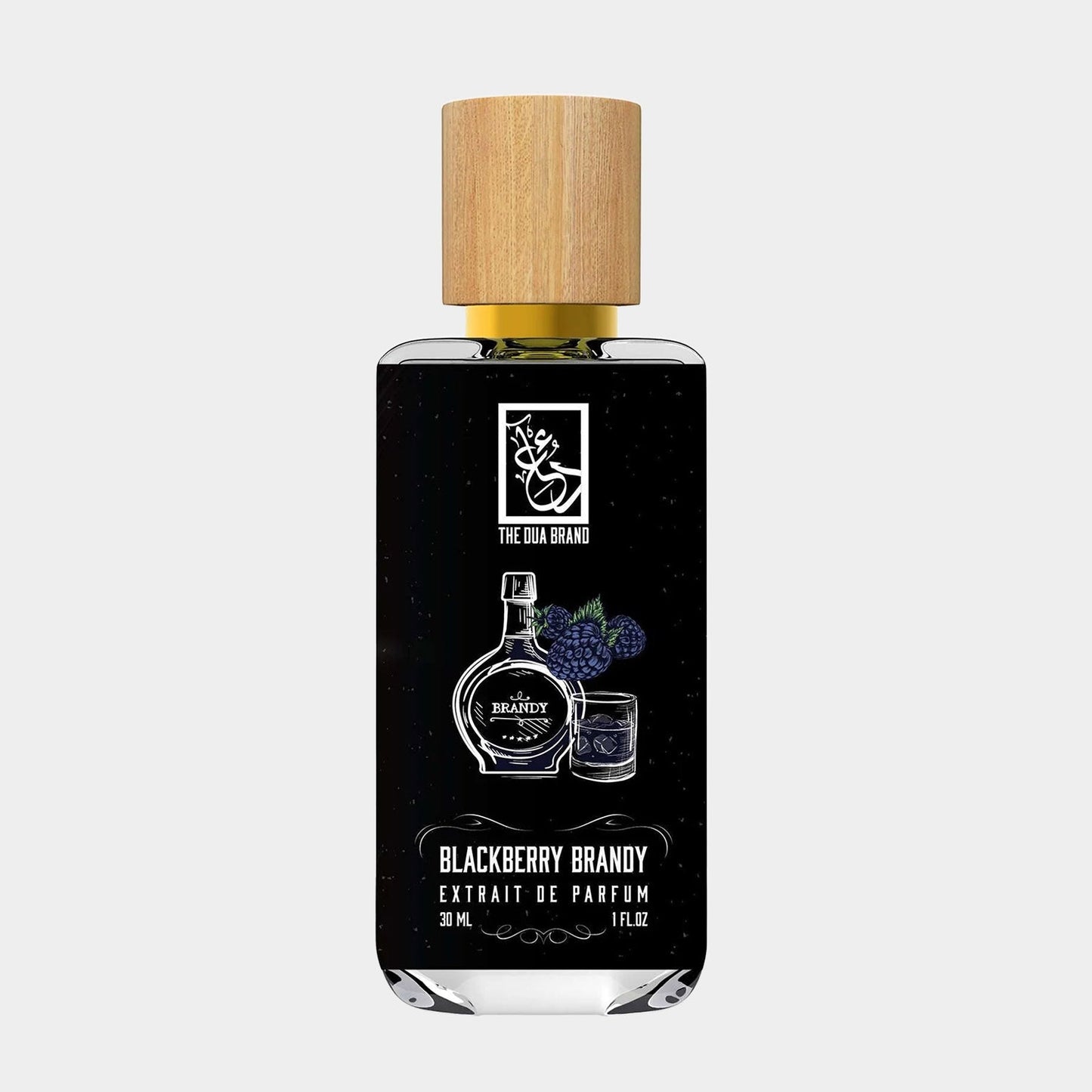 A 30 ml bottle of Dua Blackberry Brandy Sample, featuring a sleek design with a bamboo cap and elegant black labeling, showcasing the brand's logo and a graphic of blackberries. The bottle is designed for fragrance enthusiasts looking to experience a unique scent.