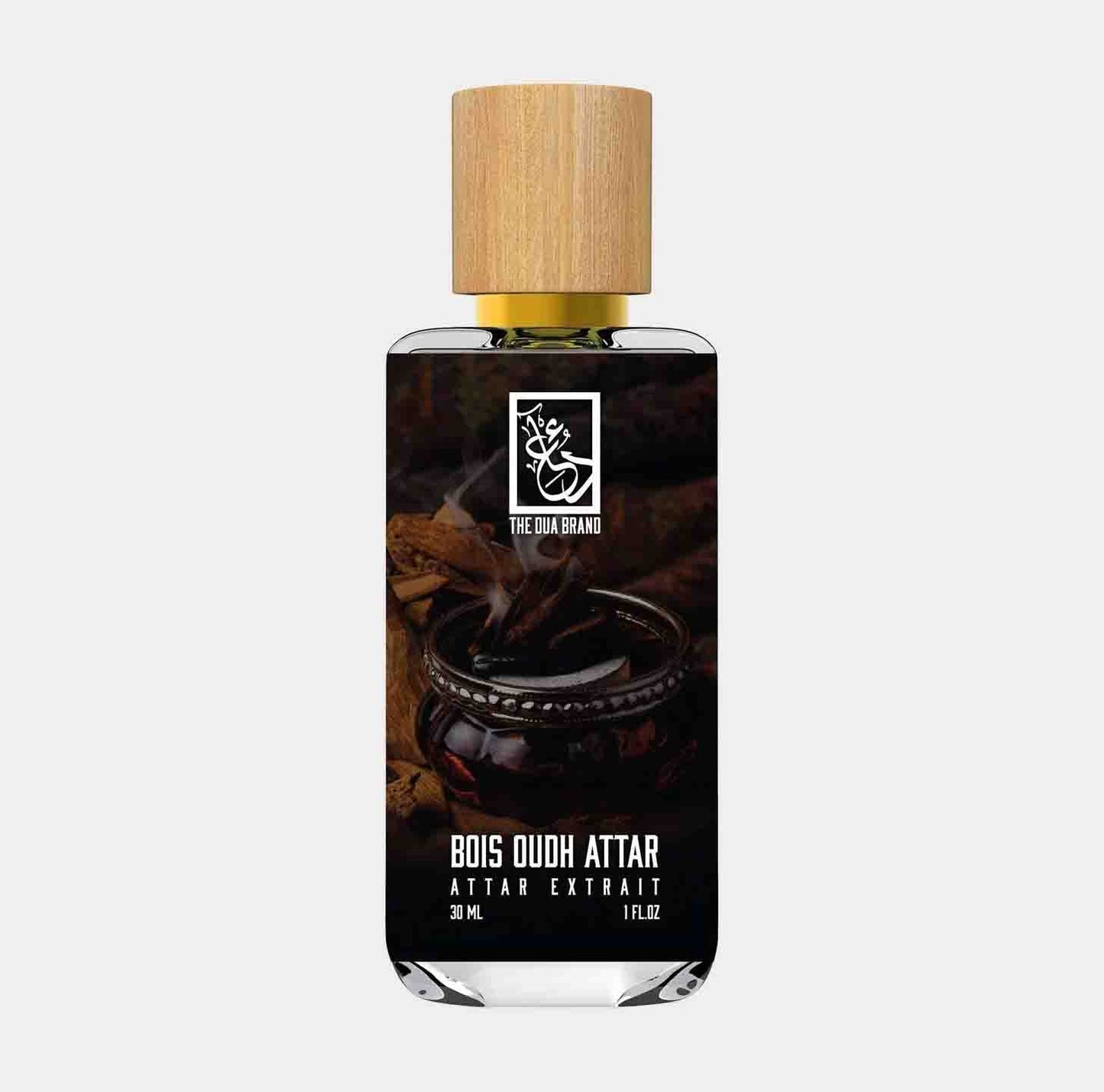 A 30 ml bottle of Dua Bois Oudh Attar Sample, featuring a sleek design with a wooden lid and an elegant label that highlights its rich, woody scent.
