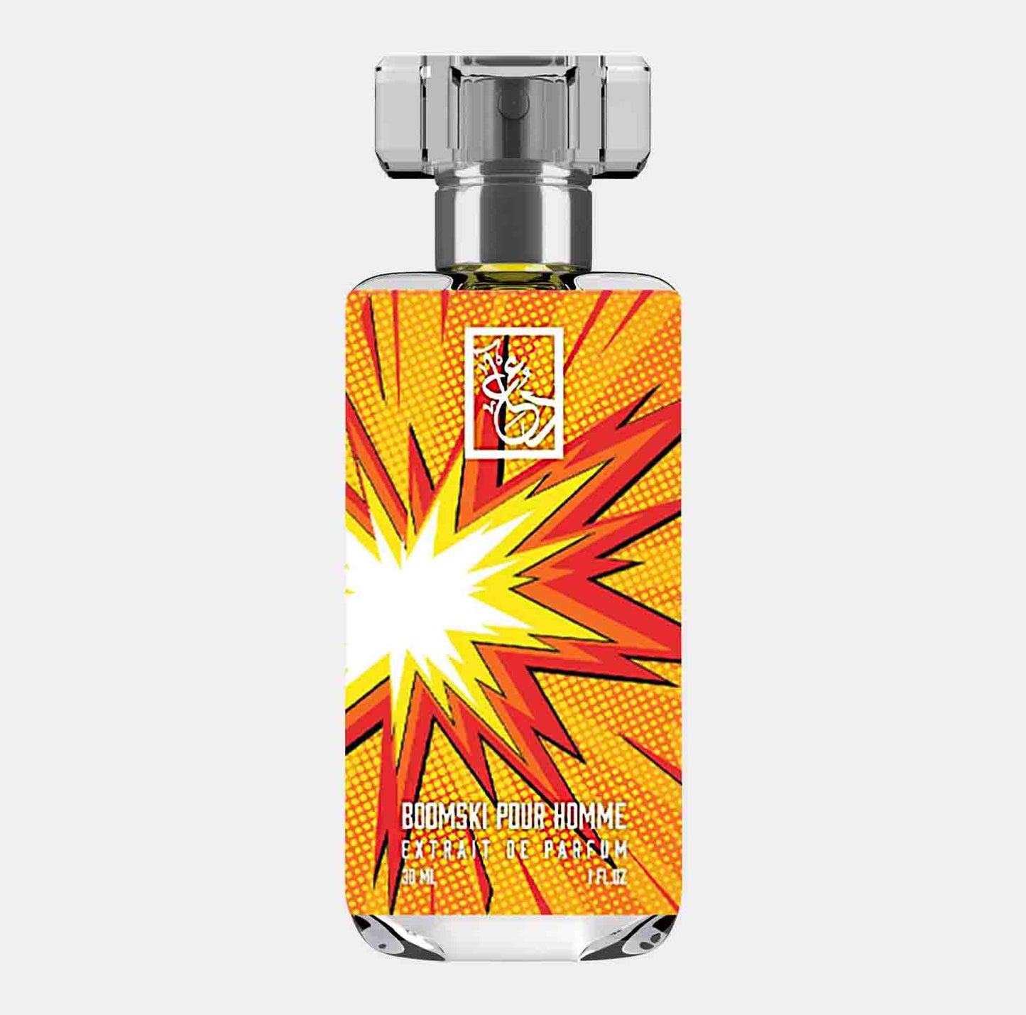 A vibrant bottle of Dua Boomski Pour Homme Sample, featuring a bold explosion graphic in shades of red and yellow, symbolizing a dynamic fragrance experience.