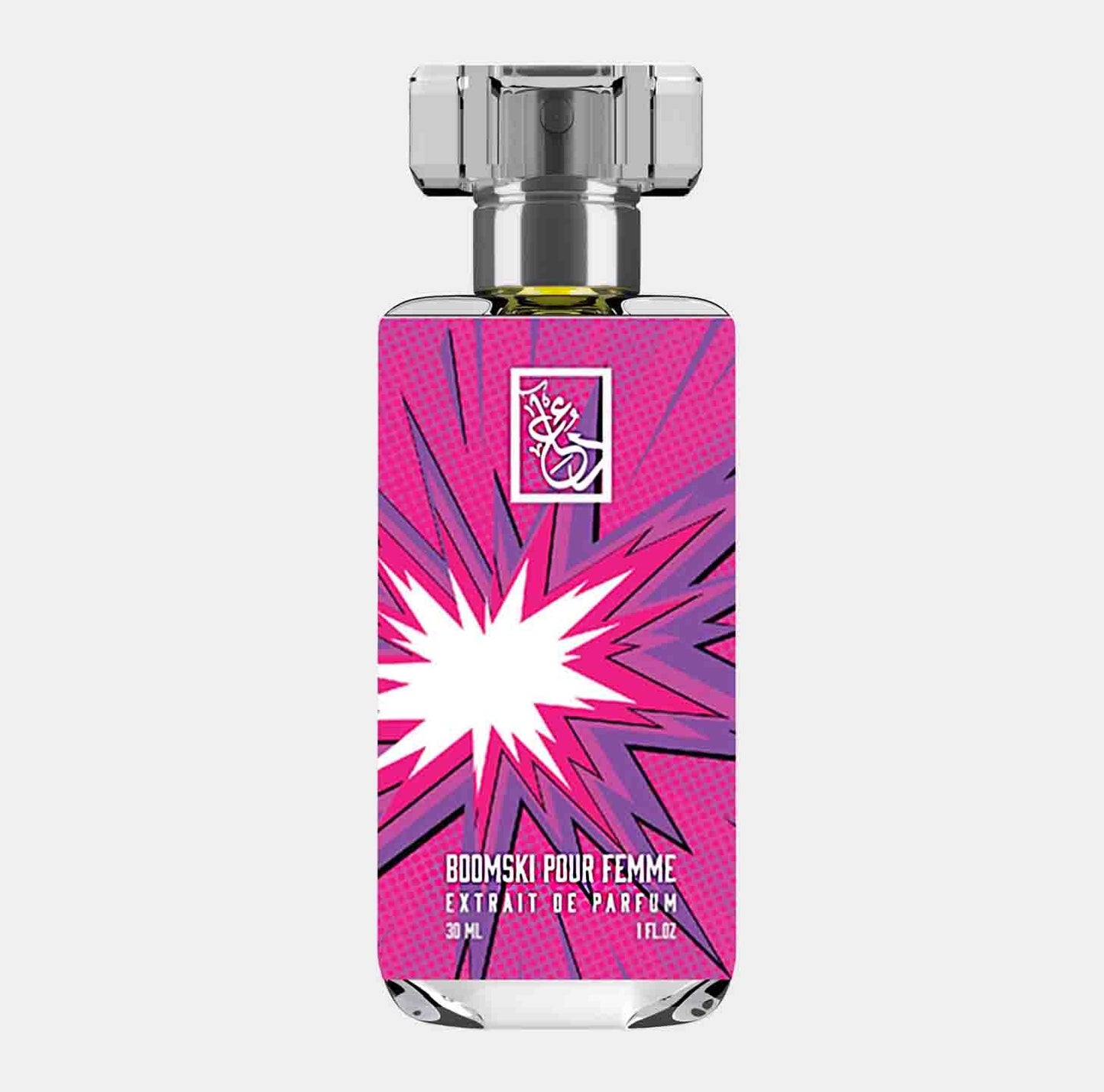 Dua Boomski Pour Femme Sample is a vibrant 30ml perfume bottle with bold pink and white packaging featuring a starburst design. The bottle has an elegant cap, emphasizing its luxurious fragrance.