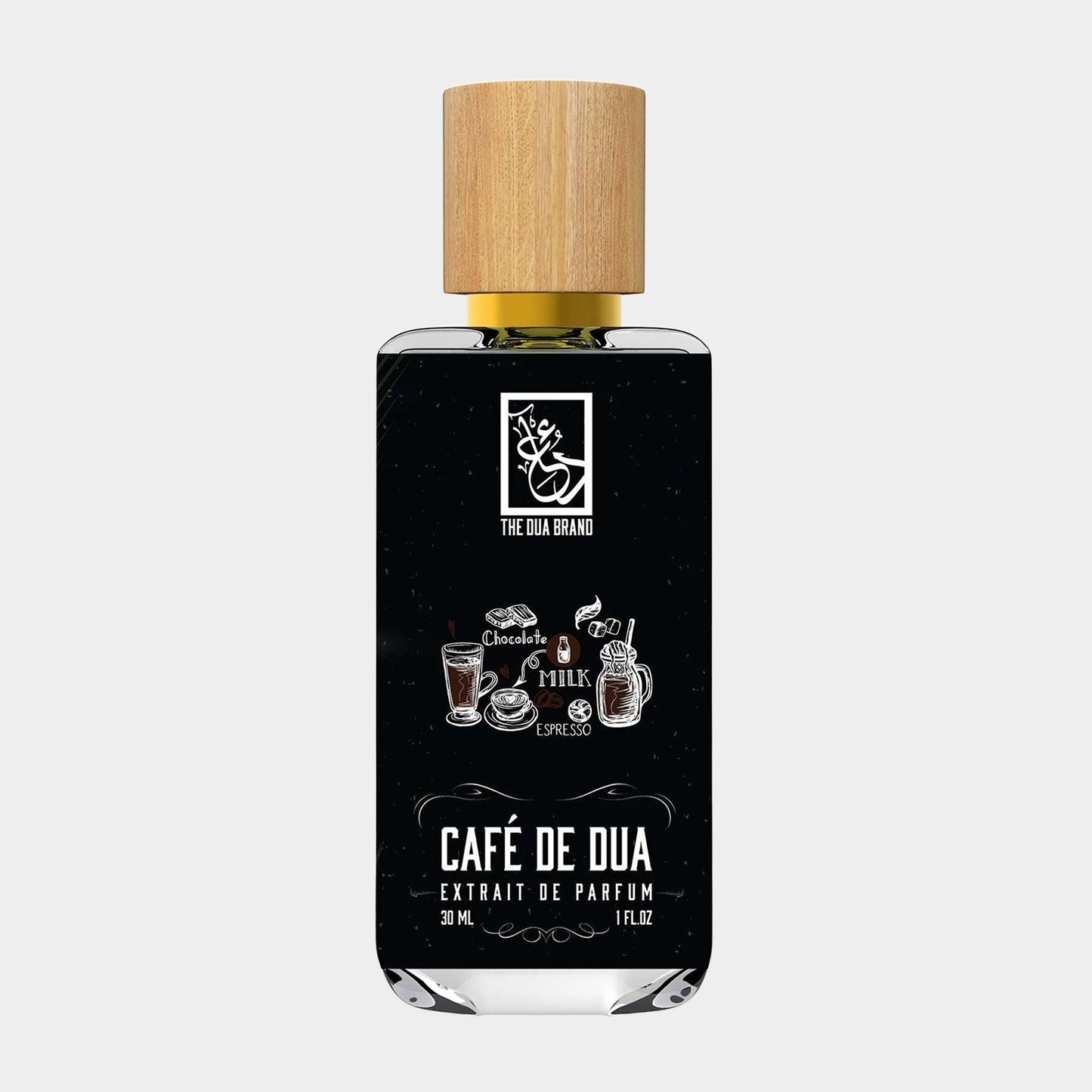 Dua Cafe de Dua Sample is a 1 fl oz fragrance bottle featuring a stylish design with a wooden cap, showcasing illustrations of coffee drinks like espresso and milk.