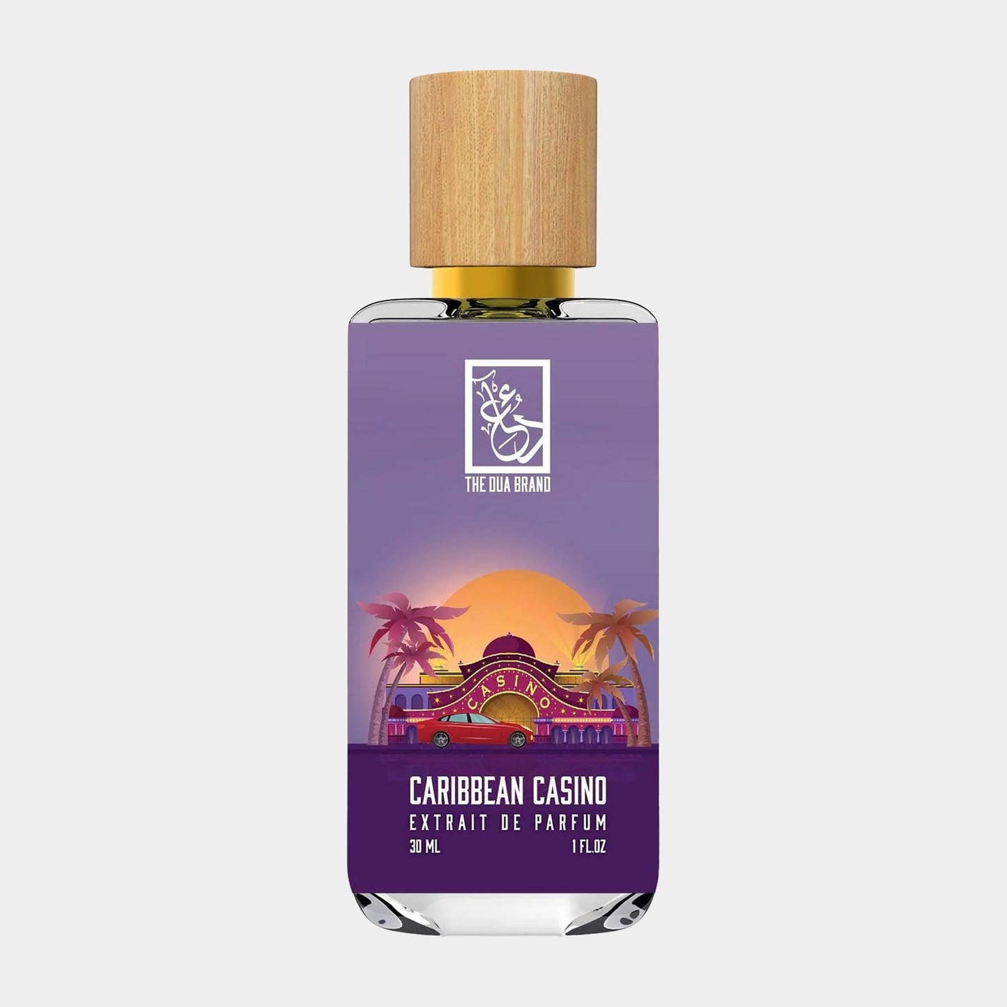 Dua Caribbean Casino Sample, a 30ml extrait de parfum featuring a vibrant bottle with a wooden cap, showcasing a colorful sunset and palm trees in its design.
