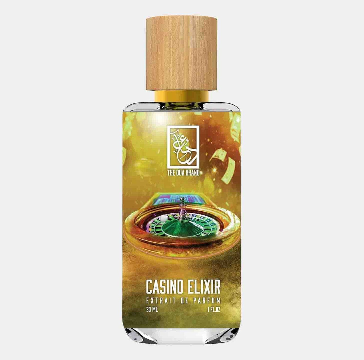 A 30 ml bottle of Dua Casino Elixir Sample, featuring an elegant design with a wooden cap and a vibrant label illustrating casino elements.