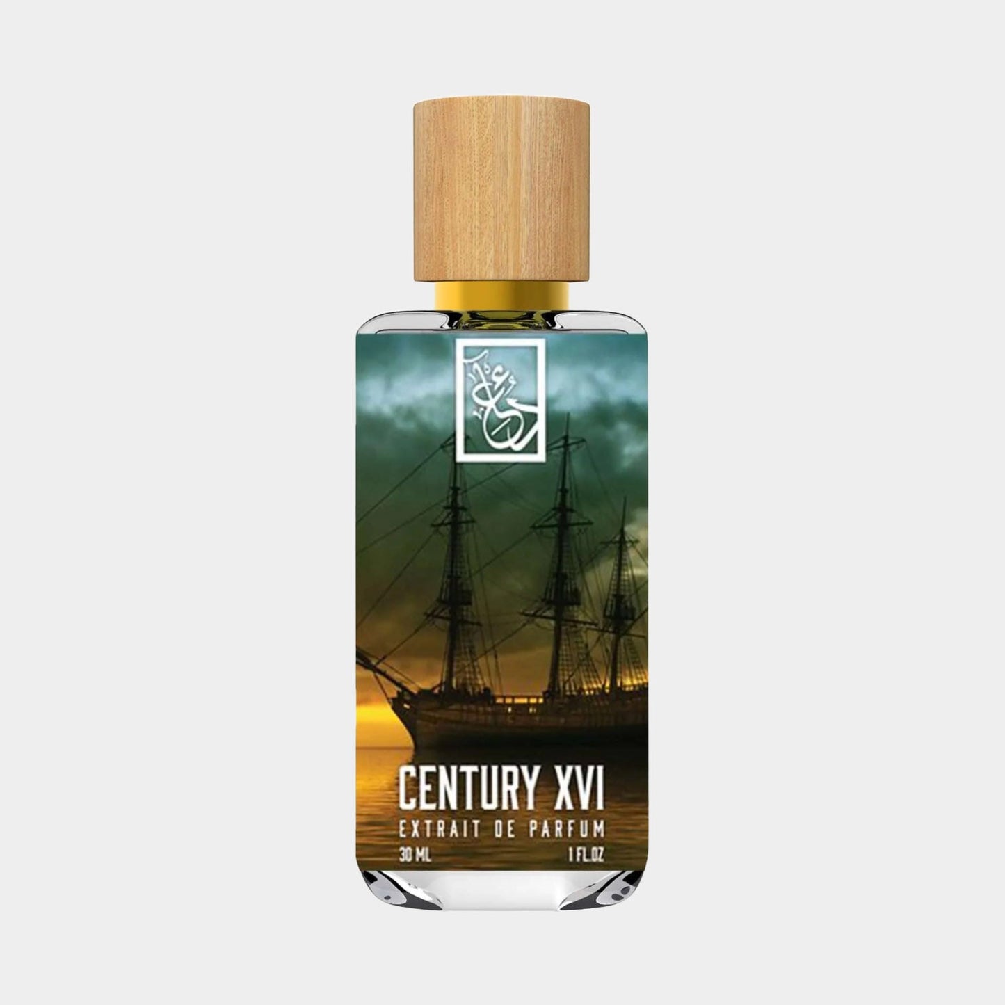 A bottle of Dua Century XVI Sample, featuring a wooden cap and a label depicting a ship at sunset. The fragrance is presented in a 30 ml format, emphasizing its rich and maritime essence.