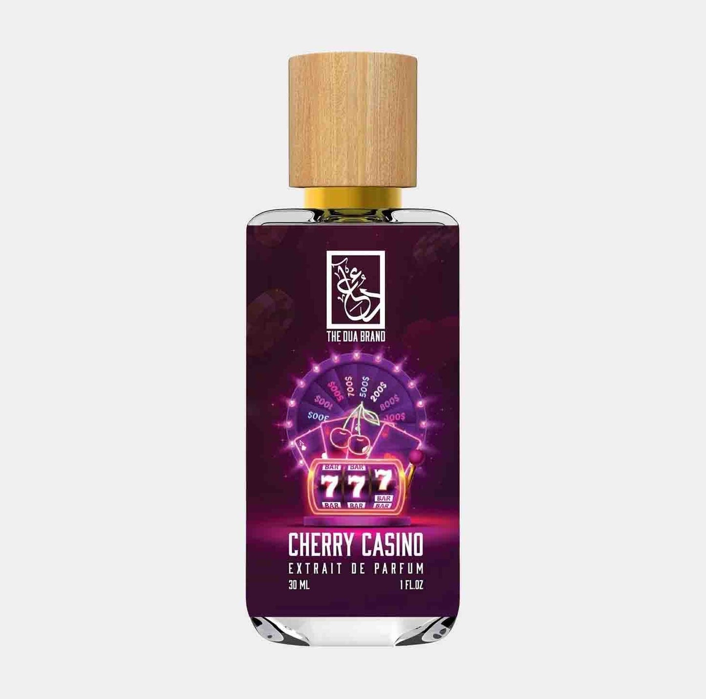 Dua Cherry Casino Sample is a 30 ml bottle of extrait de parfum, featuring an elegant design with a wooden cap and vibrant graphics depicting a casino theme, emphasizing the fragrance's playful essence.