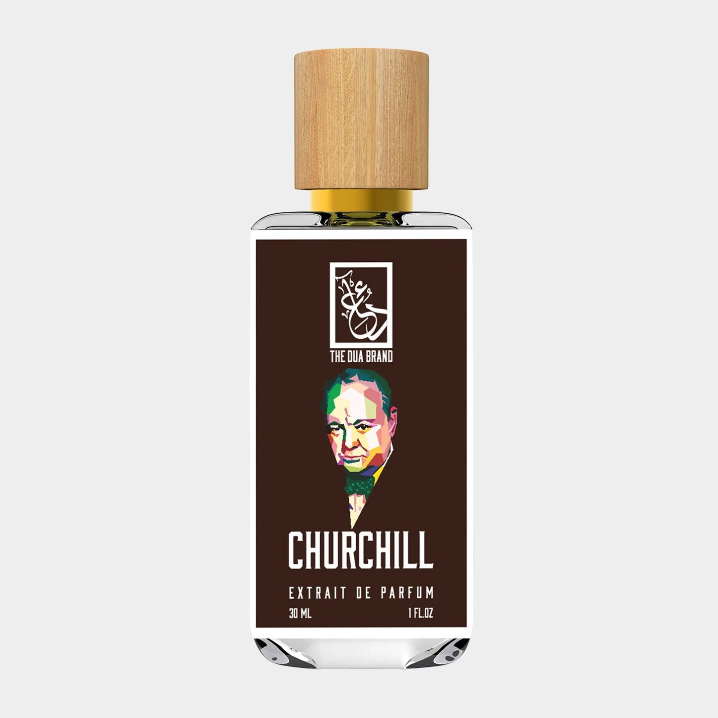 A stylish perfume bottle labeled 'Dua Churchill,' featuring a colorful illustration of Winston Churchill on the front. The bottle holds 30 mL of extrait de parfum and has a wooden cap.
