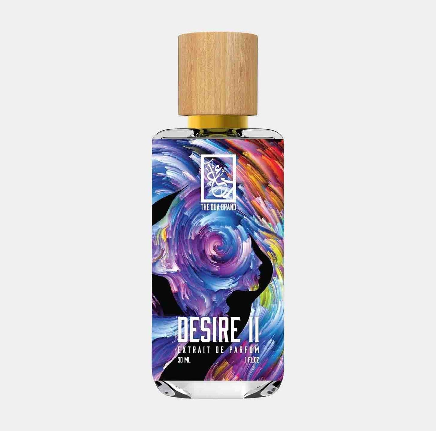 Dua Desire II Sample is a 30 mL perfume bottle featuring an artistic label with vibrant colors and a wooden cap, designed for a luxurious fragrance experience.