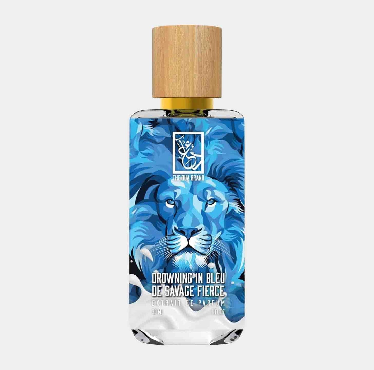 A bottle of Dua Drowning in Bleu de Savage Fierce Sample, featuring a striking blue lion design on the label, set against a simple white background. The bottle has a wooden cap and showcases the fragrance's vibrant branding.