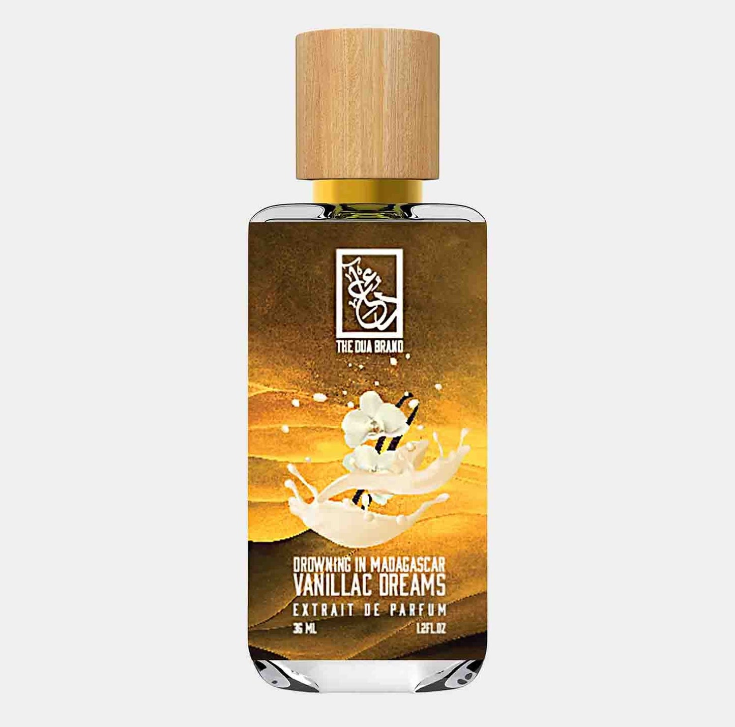 A bottle of Dua Drowning in Madagascar Vanillac Dreams sample perfume, featuring an elegant design with a wooden cap and a warm background. The label highlights its fragrance, Extrait de Parfum, in a 35mL size.