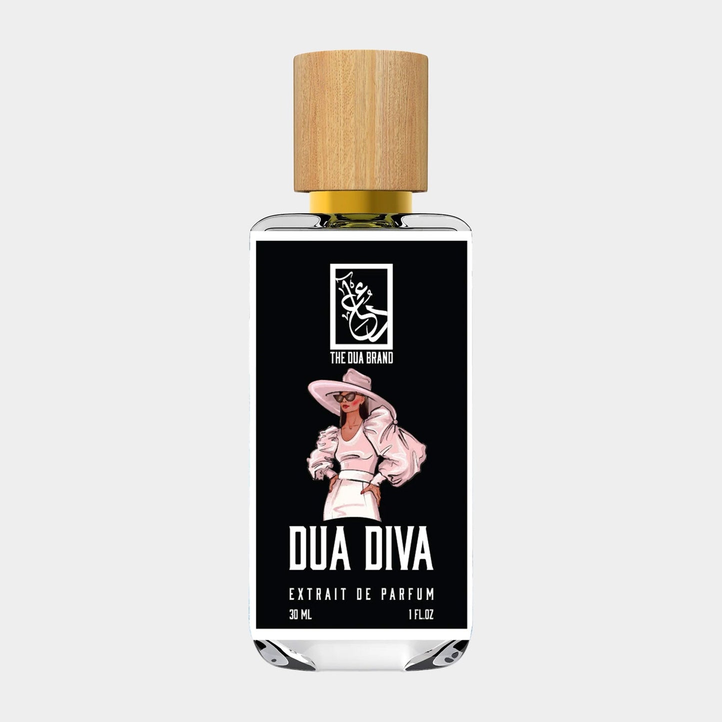 A stylish perfume bottle labeled Dua Diva from The Dua Brand, featuring an elegant design with a wooden cap and a chic illustration on the label. The bottle contains 30 mL of extrait de parfum.