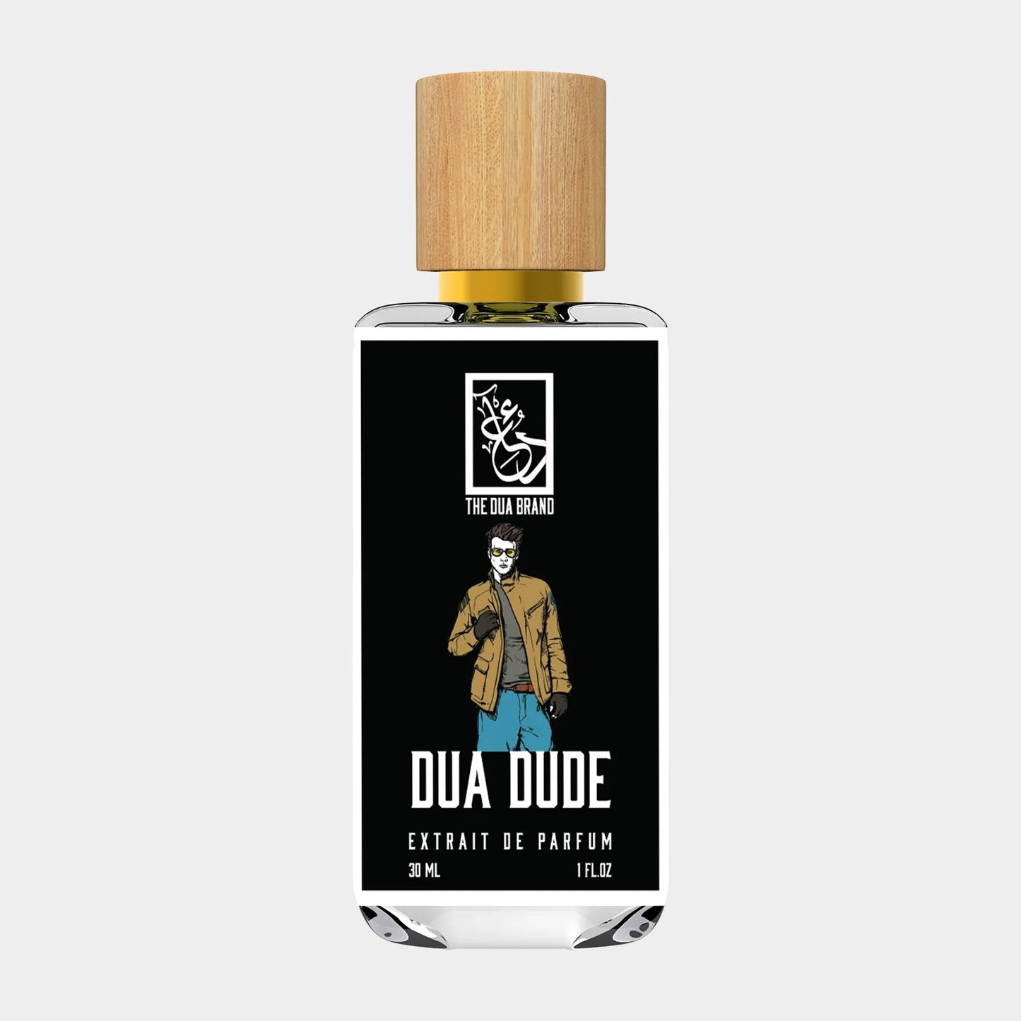 A 30 mL bottle of Dua Dude extrait de parfum featuring a sleek design with a black label and a wooden cap, showcasing an illustrated figure dressed in a stylish brown jacket. This product sample offers a sophisticated fragrance experience.