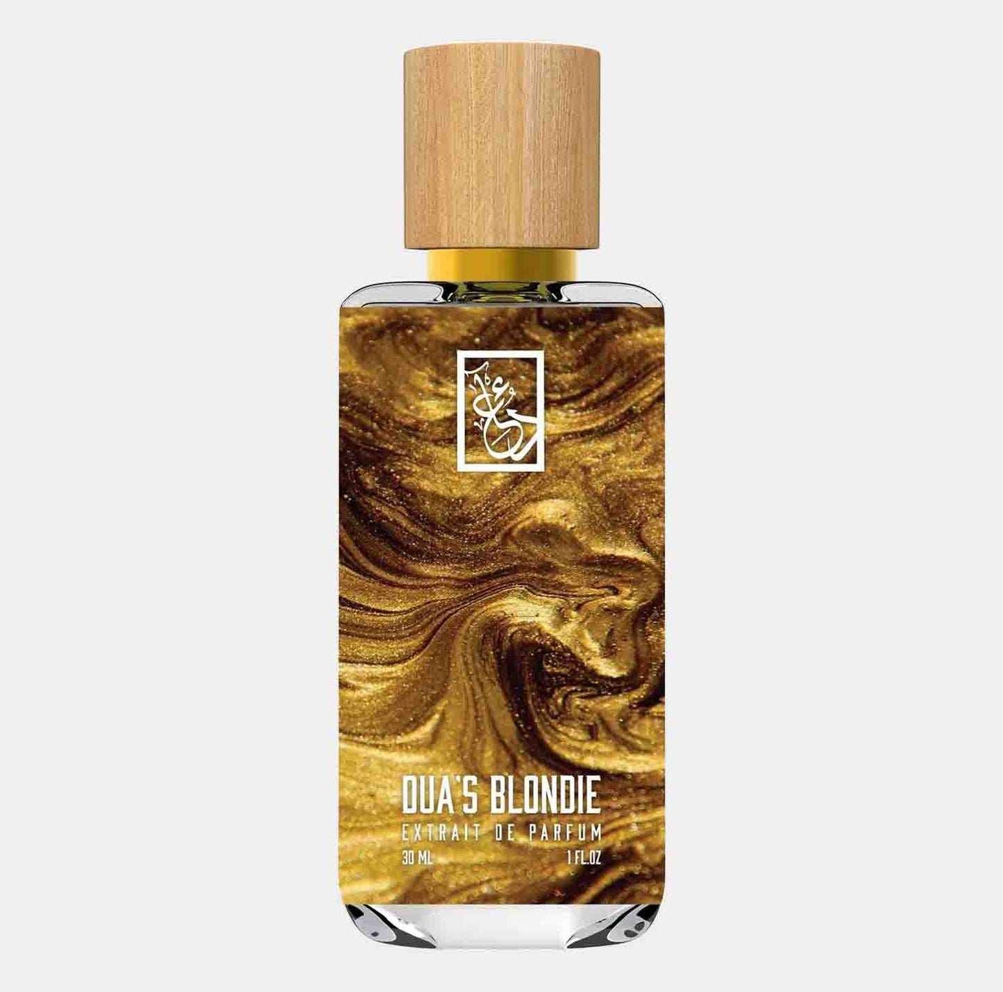 A luxurious perfume bottle of Dua Dua's Blondie Sample, featuring a decorative golden swirl design and a wooden cap, containing 30 ml of extrait de parfum.