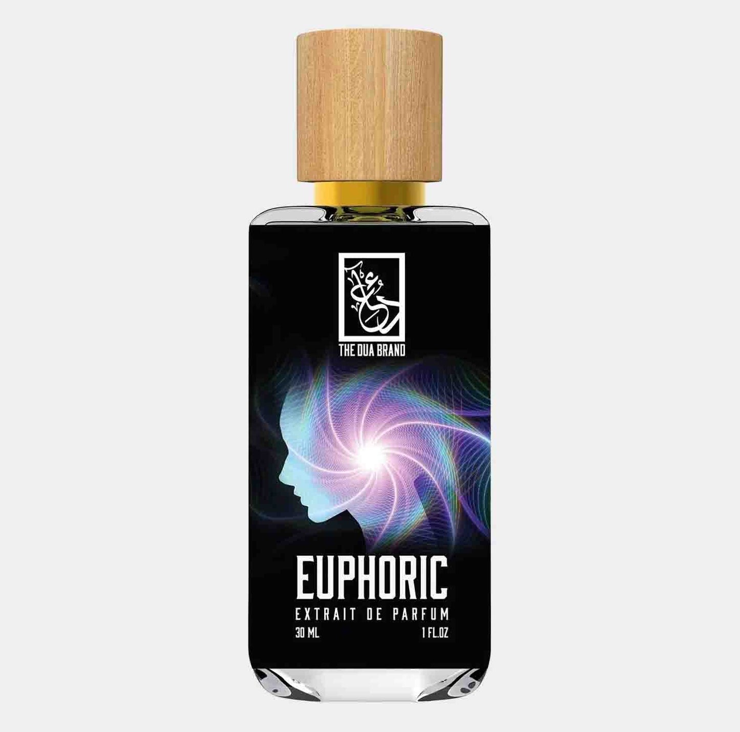 A 30 ml bottle of Dua Euphoric Sample, featuring a sleek design with a wooden cap and a vibrant, colorful label depicting a silhouette and swirling patterns.