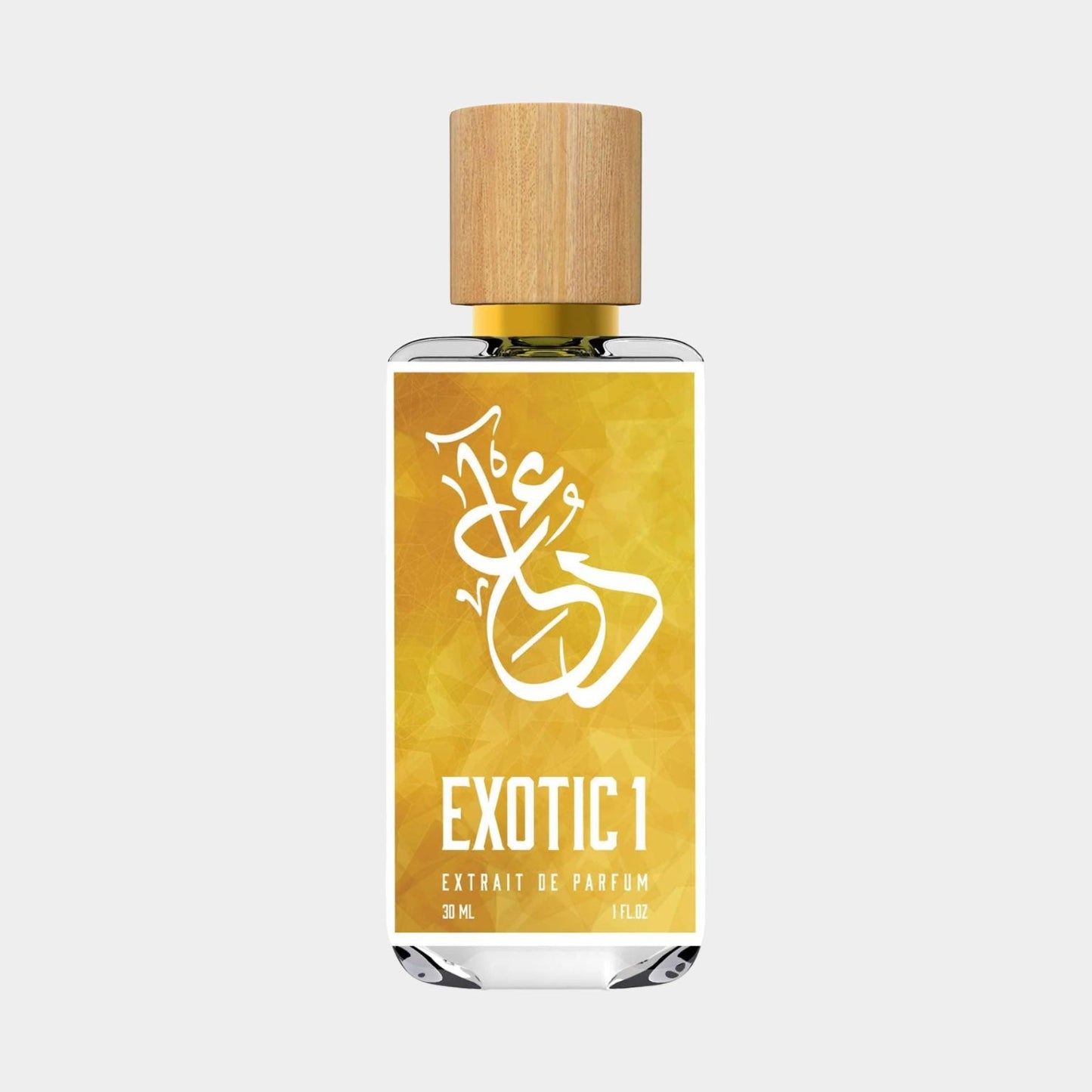 A sleek bottle of 'Dua Exotic 1.0 Sample' perfume, featuring a minimalist design with a wooden cap and a vibrant yellow label. This extrait de parfum comes in a 30 ml size, showcasing its luxurious appeal.
