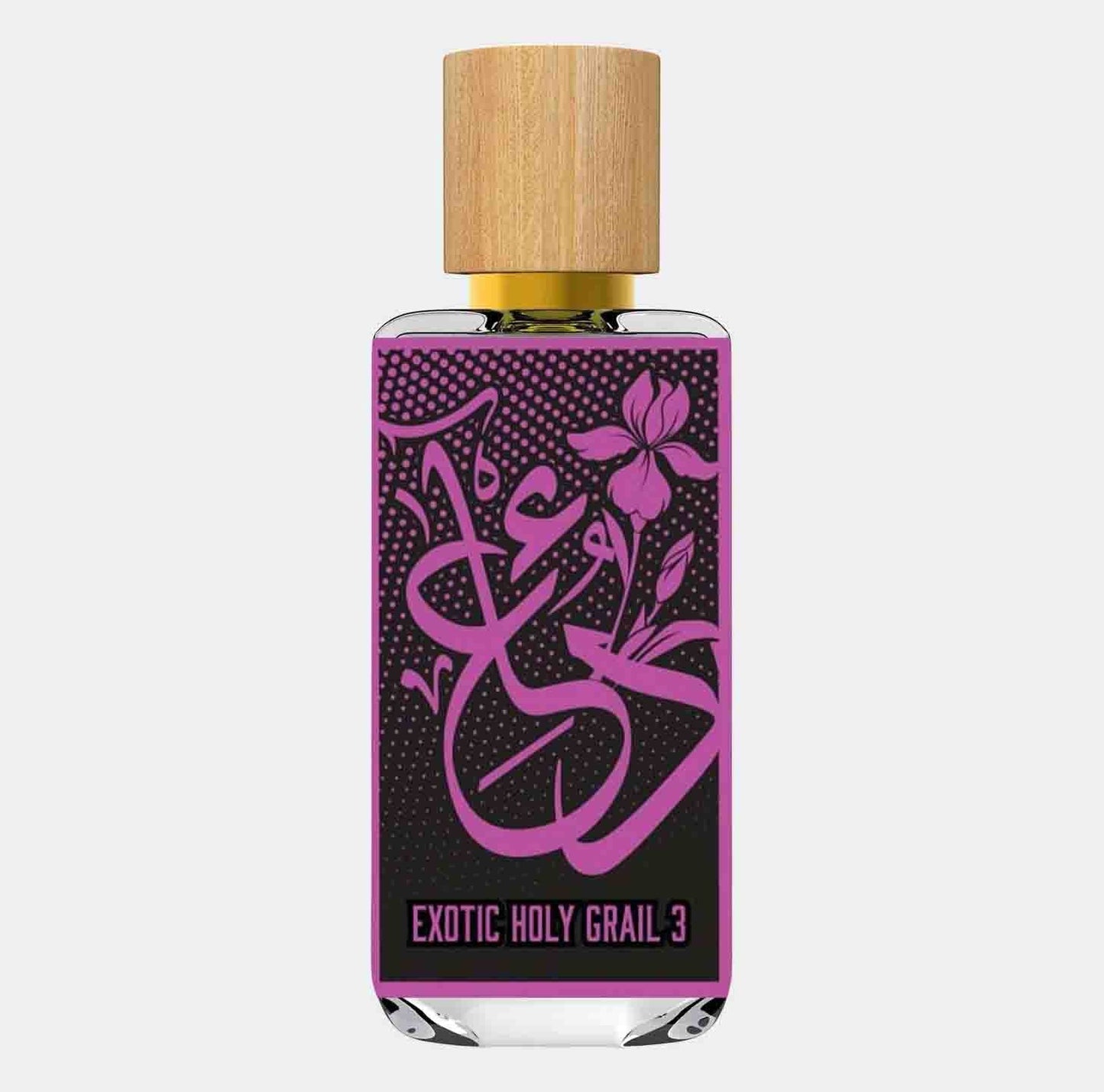 Dua Exotic Holygrail 3 sample, featuring a sleek glass bottle with a bamboo cap and vibrant pink floral design against a black background.