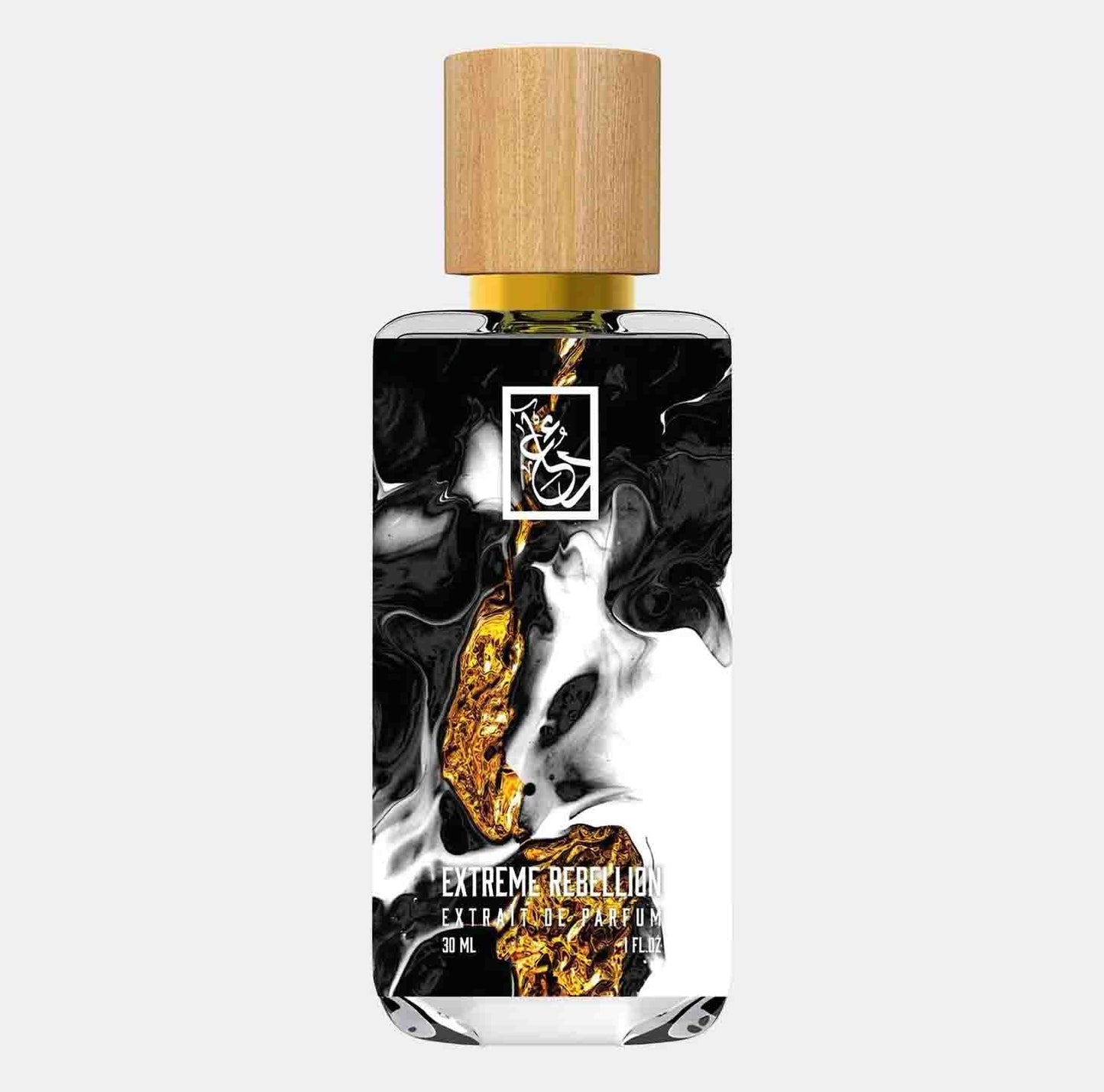 Dua Extreme Rebellion Sample is a 30 ml bottle featuring an elegant design with a wooden cap and a striking black and gold label, embodying a bold, luxurious fragrance.