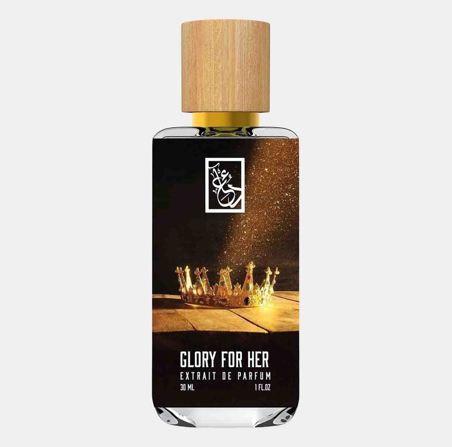 Dua Glory for Her Sample, a 30 ml extrait de parfum in an elegant bottle with a wooden cap, featuring a gold crown graphic on the label.