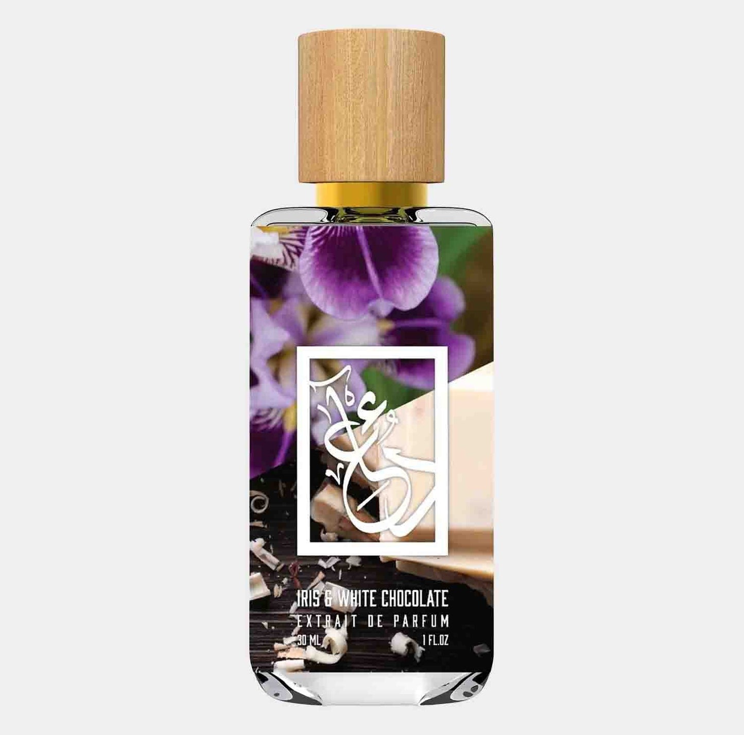 A bottle of Dua Iris White Chocolate Sample fragrance, featuring a sleek design with floral and chocolate imagery on the label. The wooden cap adds an elegant touch to the 30 ml perfume bottle.