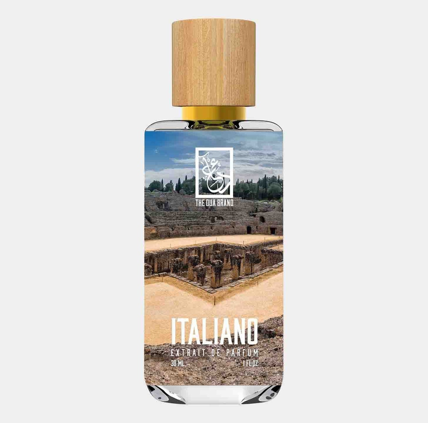 Dua Italiano Sample, a 30ml perfume with a scenic label depicting ancient ruins, showcasing the essence of Italian heritage.