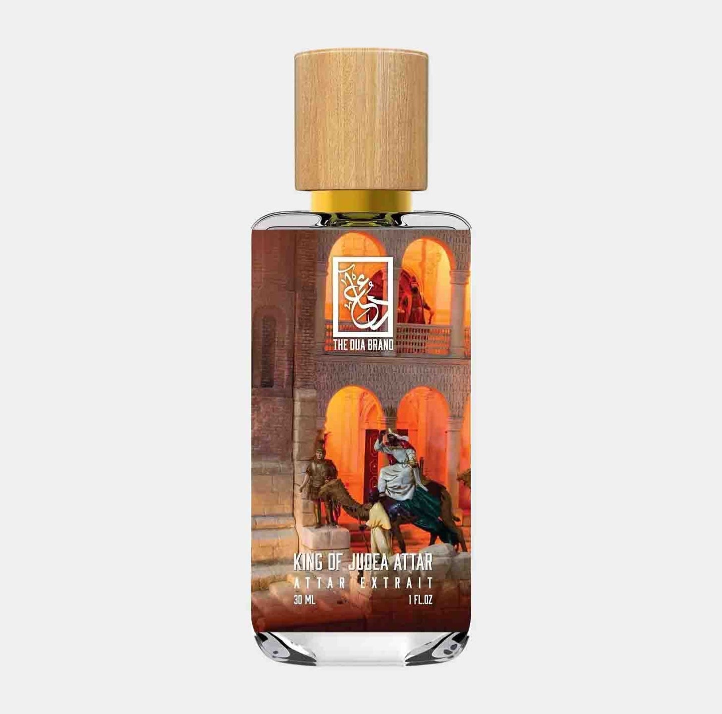 Dua King of Judea Attar Sample, a 30ml glass bottle with a wooden cap, featuring a vibrant design inspired by historical themes.