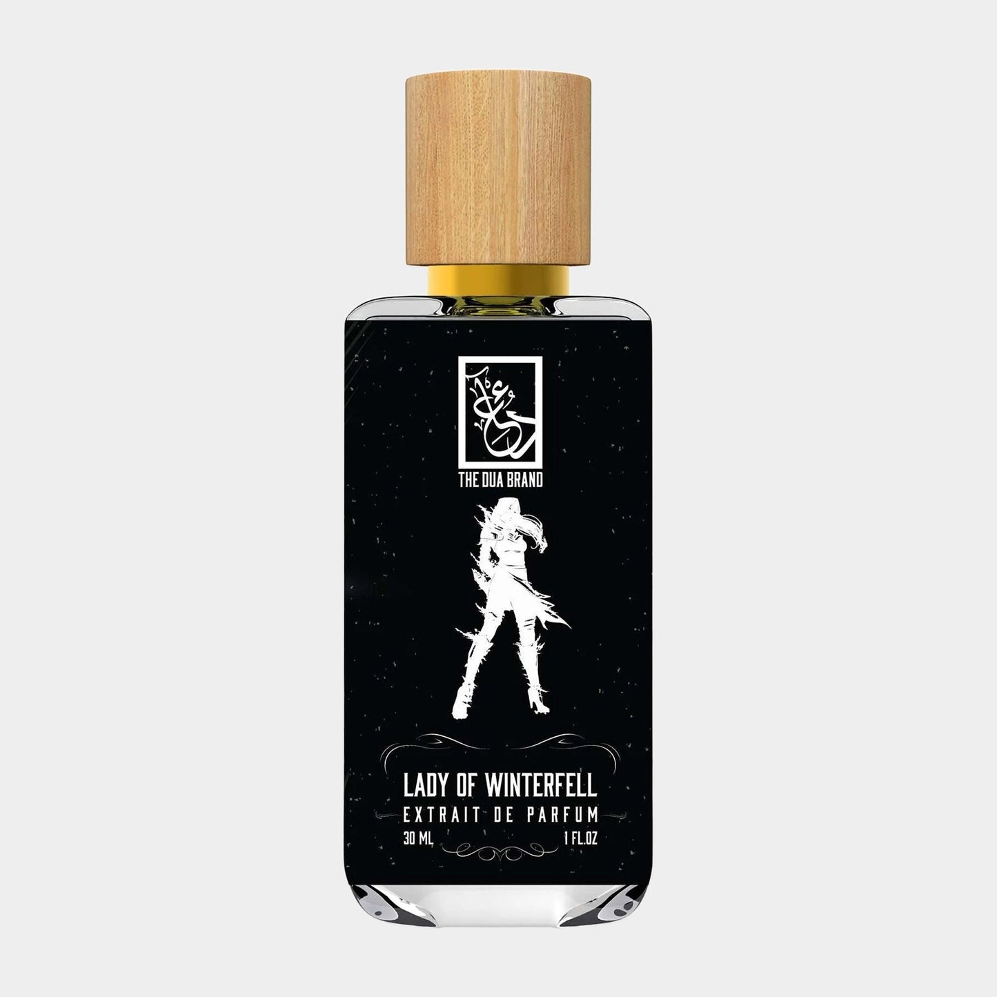 Dua Lady of Winterfell Sample - a 30 ml bottle of extrait de parfum featuring a sleek black design and a wooden cap, with an artistic depiction of a lady silhouette on the label.