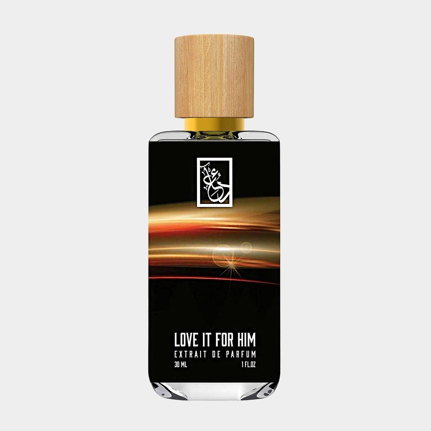 Dua Love It for Him Sample is a sleek, black perfume bottle with a wooden cap, containing 30 mL of luxury extrait de parfum. The modern design features a gold logo and vibrant accents.