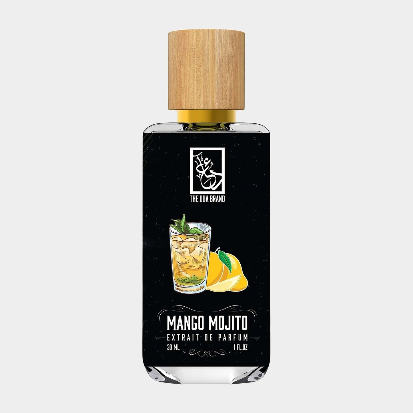 A 30 mL bottle of Dua Mango Mojito Sample, featuring a sleek design with a wooden cap and a vibrant label depicting a refreshing mango mojito cocktail, garnished with mint and lime.