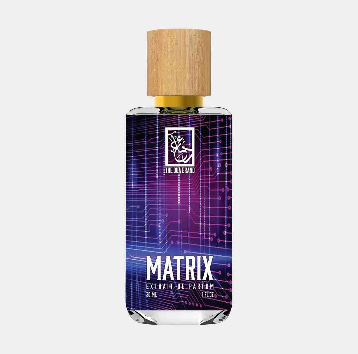 Dua Matrix Sample, a 30ml parfum bottle with a sleek design featuring a wooden cap and vibrant purple circuit board graphics, showcasing a modern and tech-inspired fragrance.