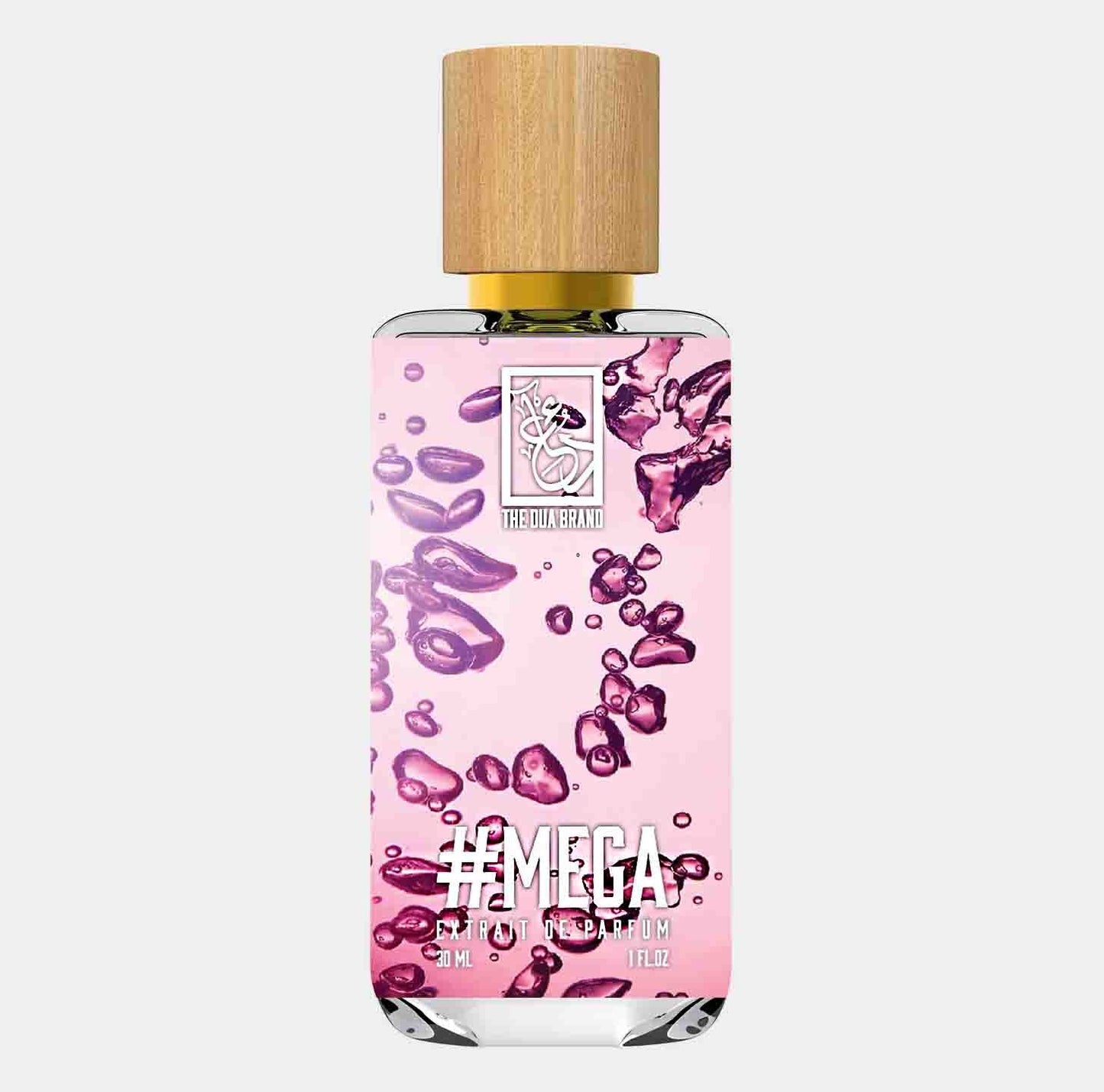 Dua Mega Sample fragrance in a clear glass bottle with a wooden cap, featuring vibrant pink liquid and abstract pink designs on the label.