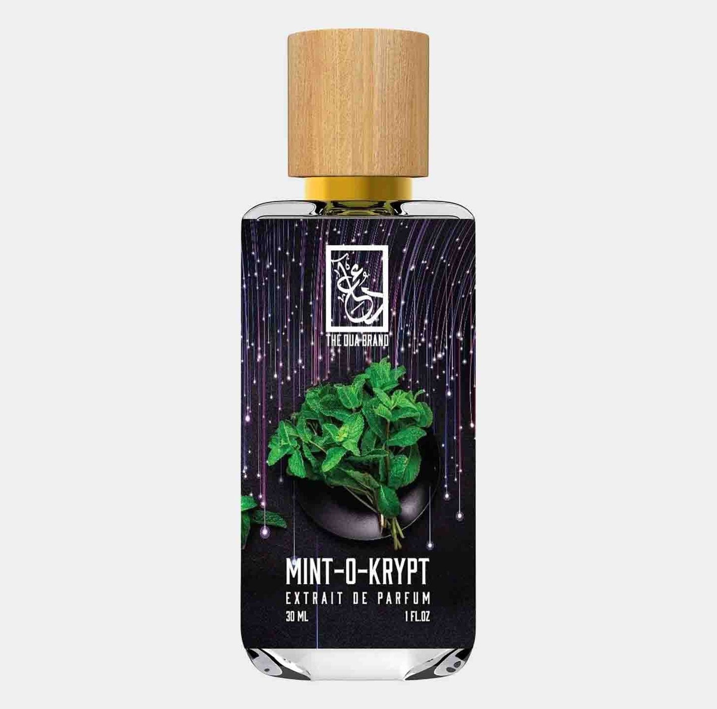 Bottle of Dua Mint O Krypt fragrance, featuring a sleek design with a wooden cap and a label showcasing fresh mint leaves, in a 30 ml size.