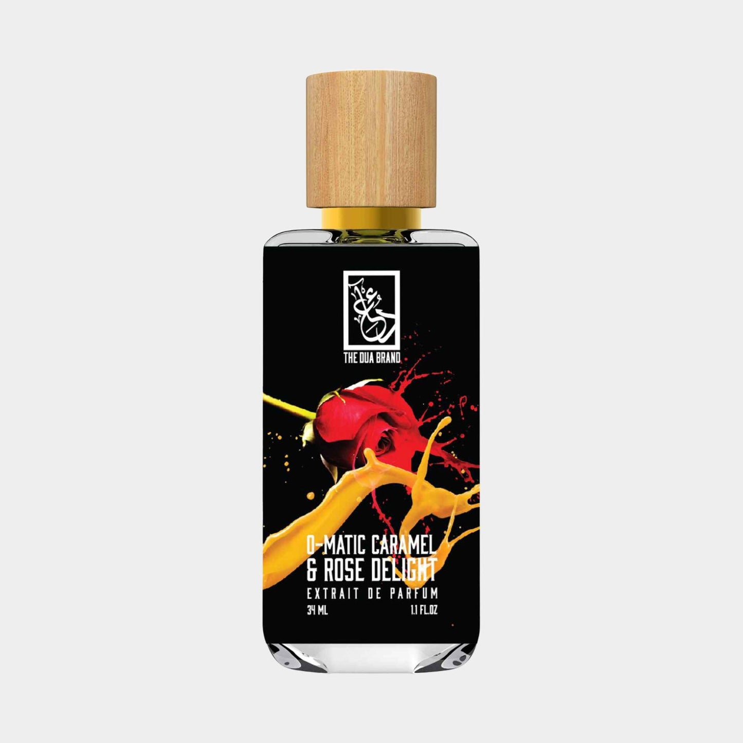 Dua O-Matic Caramel Rose Delight Sample, featuring a sleek bottle with a wooden cap, showcasing a vibrant design that highlights its caramel and rose scent.