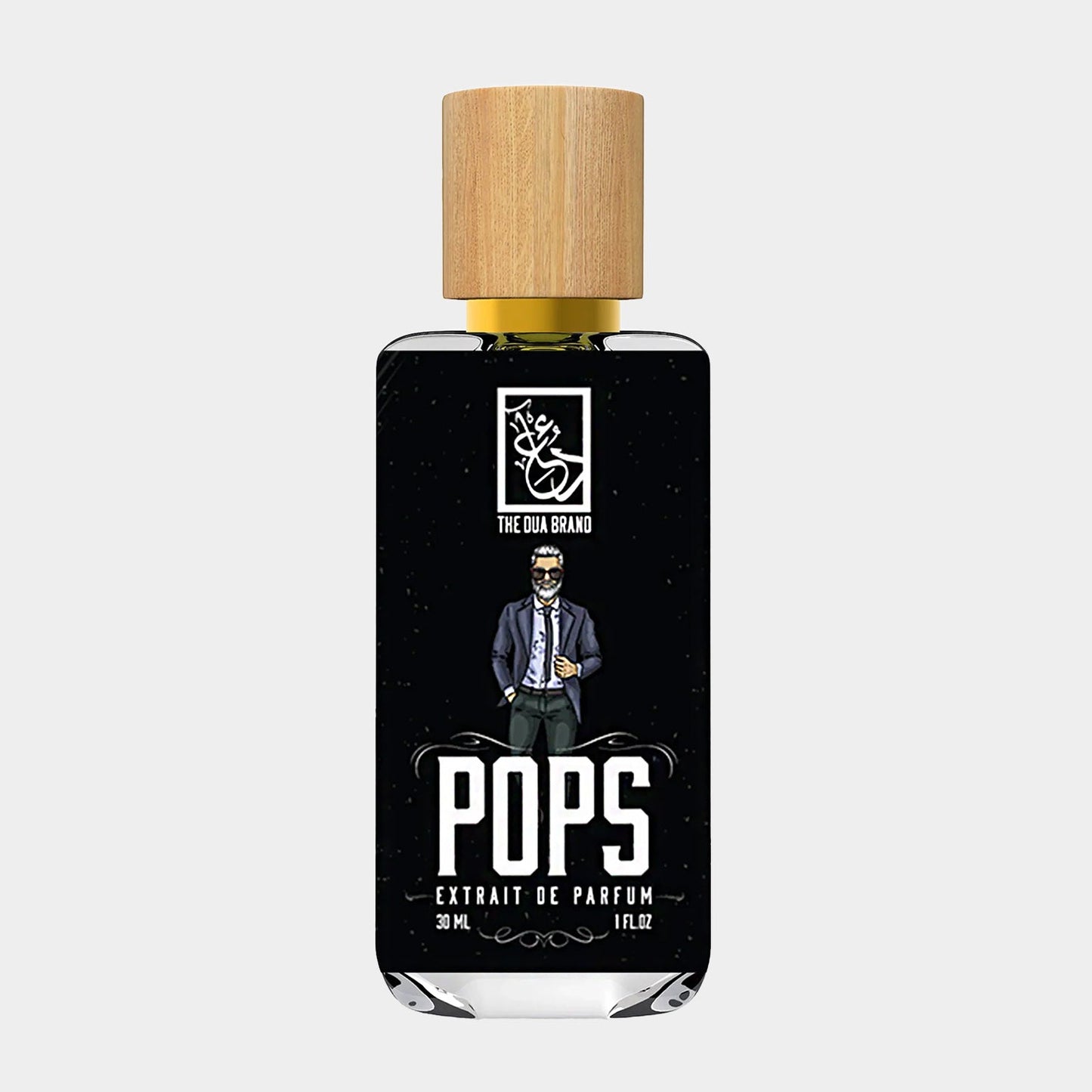 Dua Pops Sample, a 30 ml bottle of extrait de parfum, featuring a stylish illustration of a man in a suit on a sleek black background with a natural wood cap.