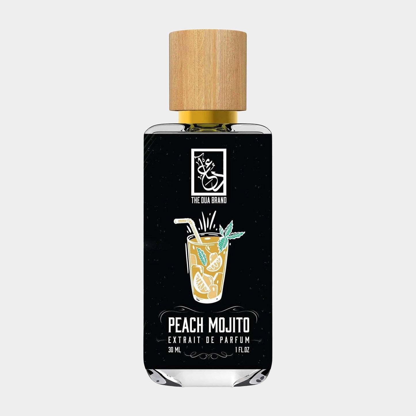 A bottle of Dua Peach Mojito Sample, featuring a stylish black and gold design with a wooden cap, showcasing a fruity peach mojito graphic on the label. The bottle contains 30ml of extrait de parfum.