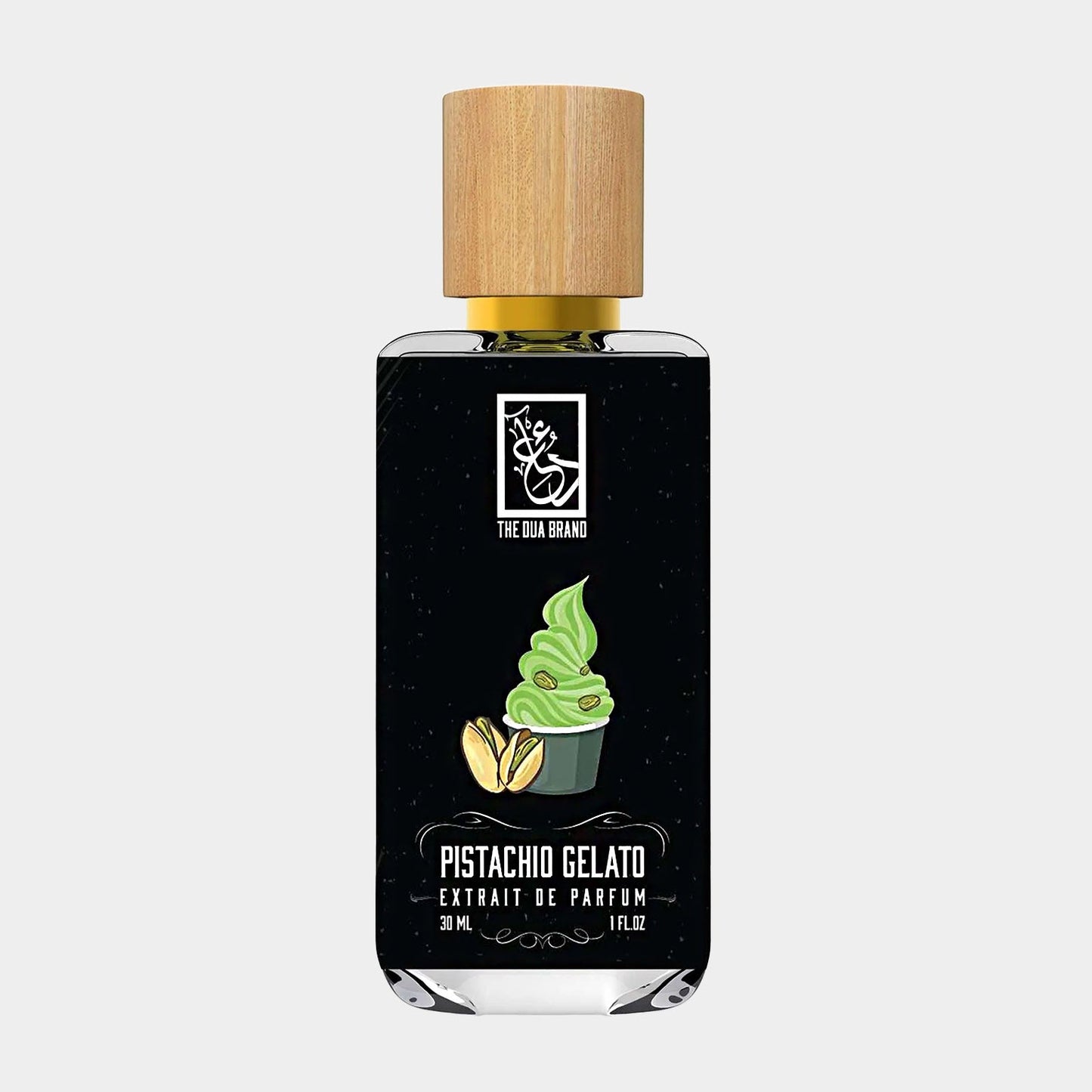 A 30ml bottle of Dua Pistachio Gelato Sample, featuring a black label with an illustration of a gelato cone topped with green pistachio gelato and garnished with pistachio nuts, capped with a wooden lid.