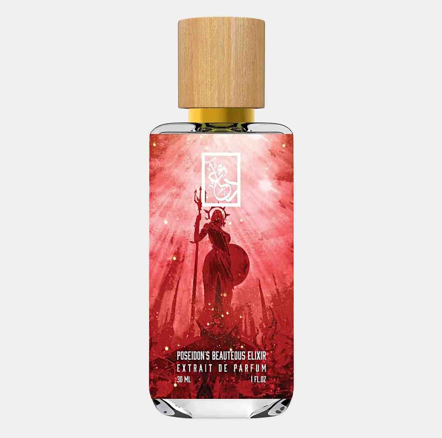 A 30 ml sample of Dua Poseidon's Beauteous Elixir, featuring a striking design with a silhouette of Poseidon against a vibrant red backdrop. The bottle is topped with a wooden cap for an elegant touch.