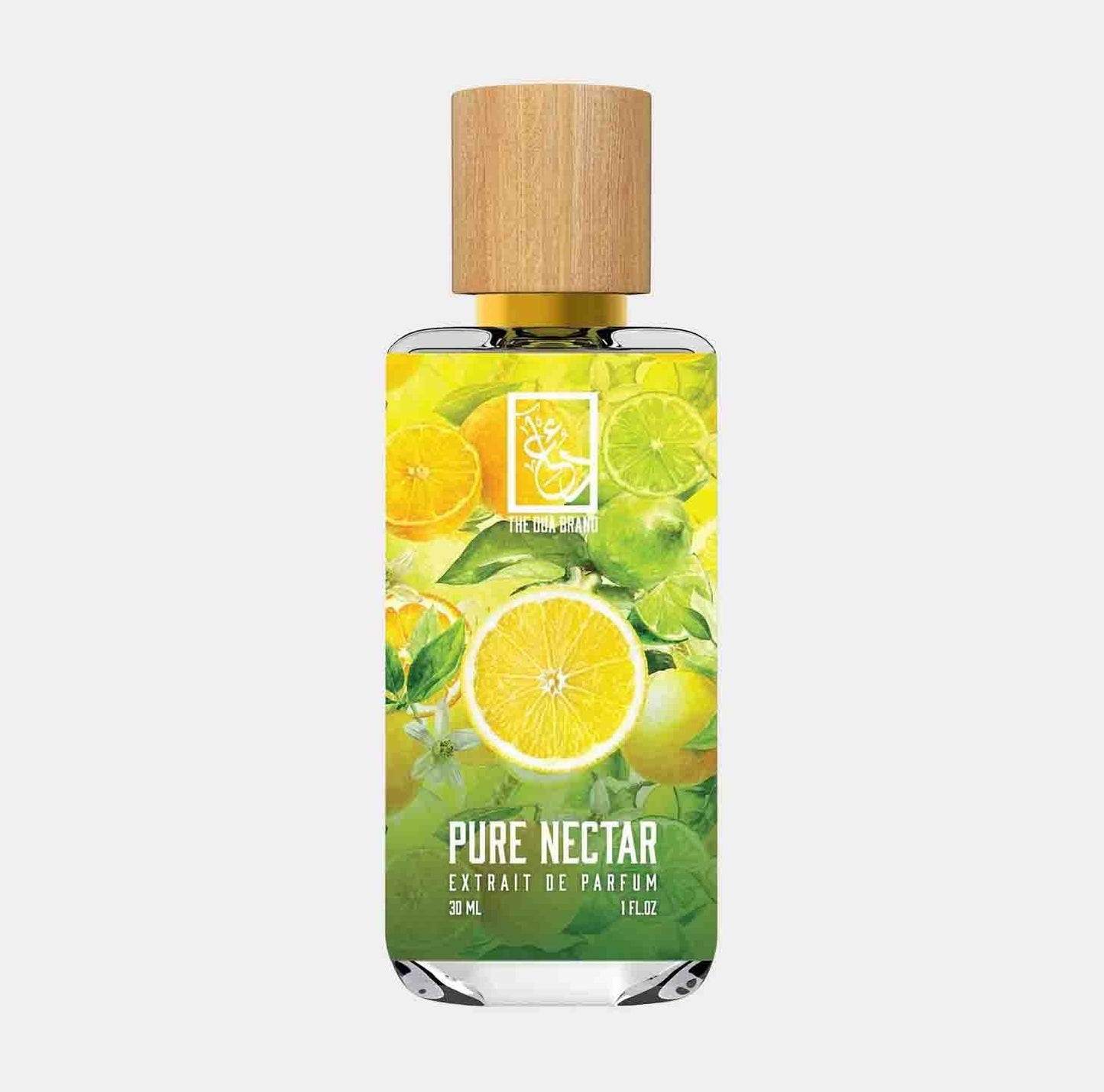 Glass bottle of Dua Pure Nectar Sample, featuring vibrant citrus fruit illustrations on the label, showcasing a refreshing and uplifting fragrance. The bottle has a natural wood cap and holds 30 ml of perfume extract.