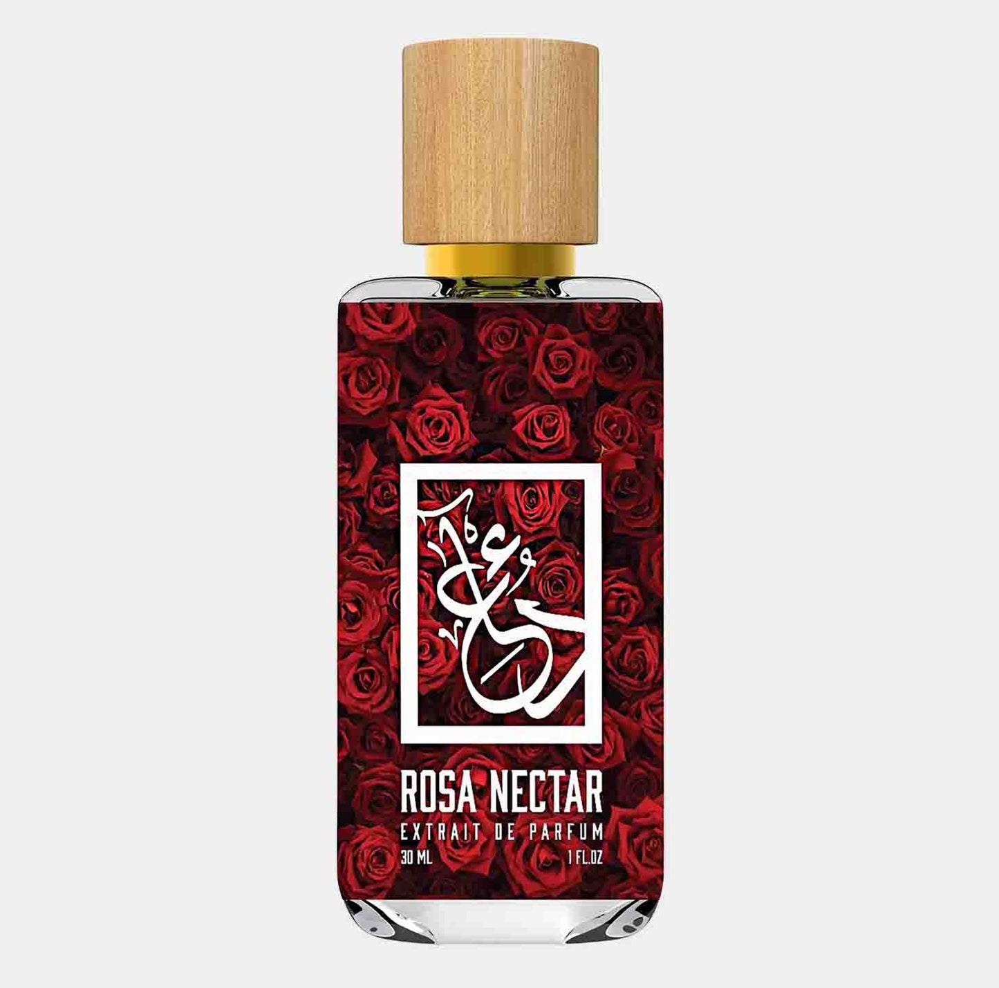 Dua Rosa Nectar Sample, a 30 ml bottle of extrait de parfum featuring a sleek design with a wooden cap, surrounded by a vibrant rose background.