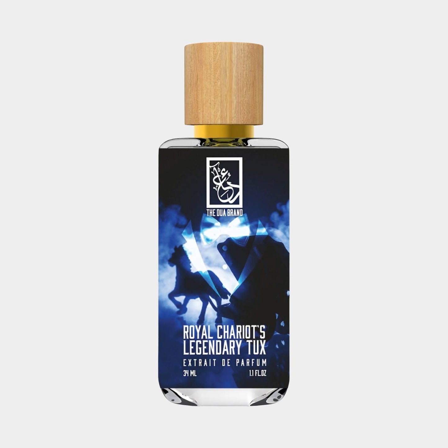 Dua Royal Chariots Legendary Tux Sample, a 39 ml bottle featuring a sleek design with a wooden cap and a bold label showcasing dark, dynamic imagery.