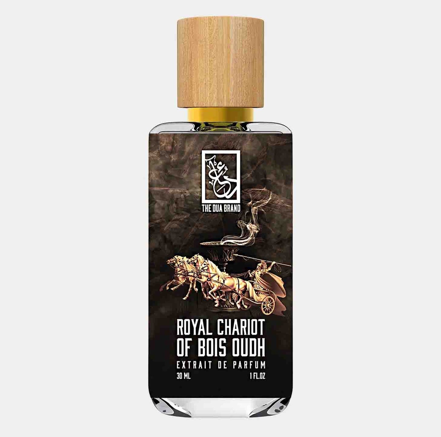 A bottle of Dua Royal Chariot of Bois Oudh Sample, featuring an elegant design with a wooden cap and a dark, artistic label depicting a chariot. The fragrance is an extrait de parfum in a 30 ml size.