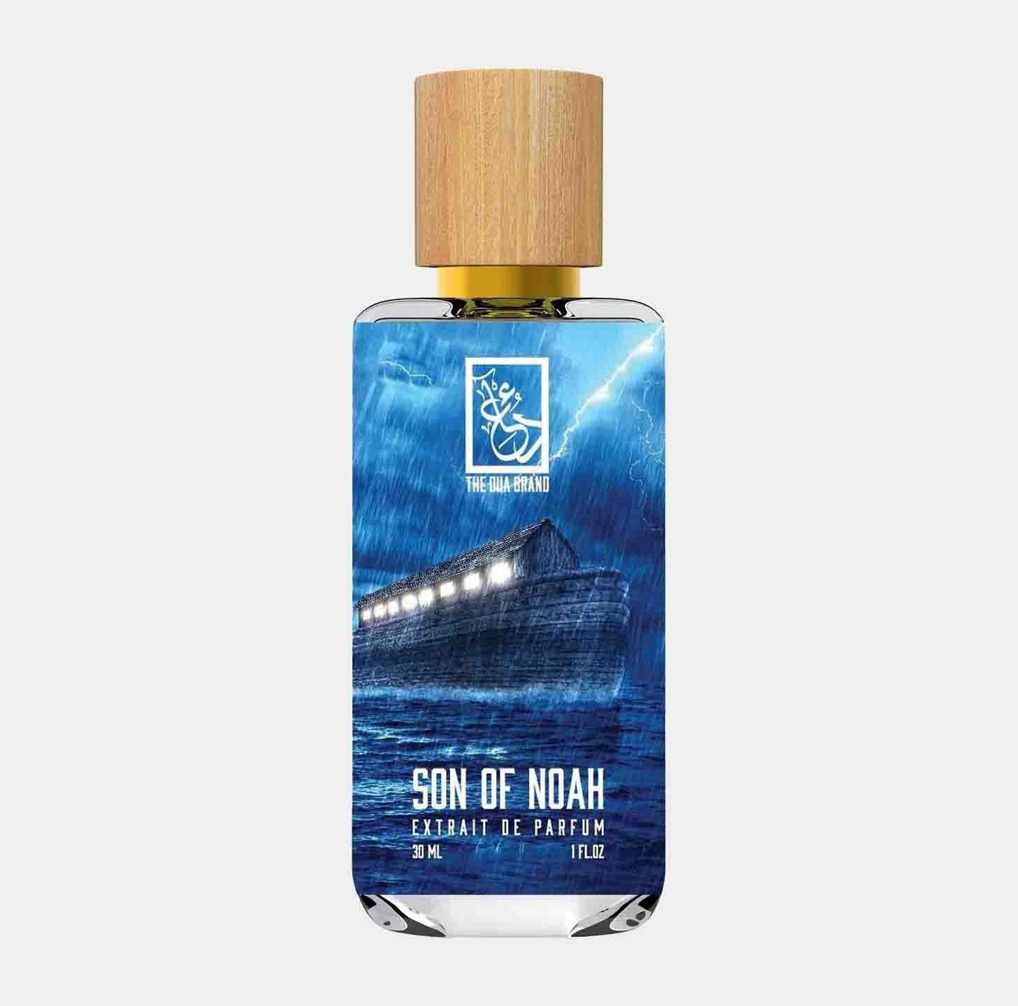Dua Son of Noah Sample, a 30 ml perfume bottle featuring a colorful design of a ship against a stormy background, showcasing the fragrance's unique allure.
