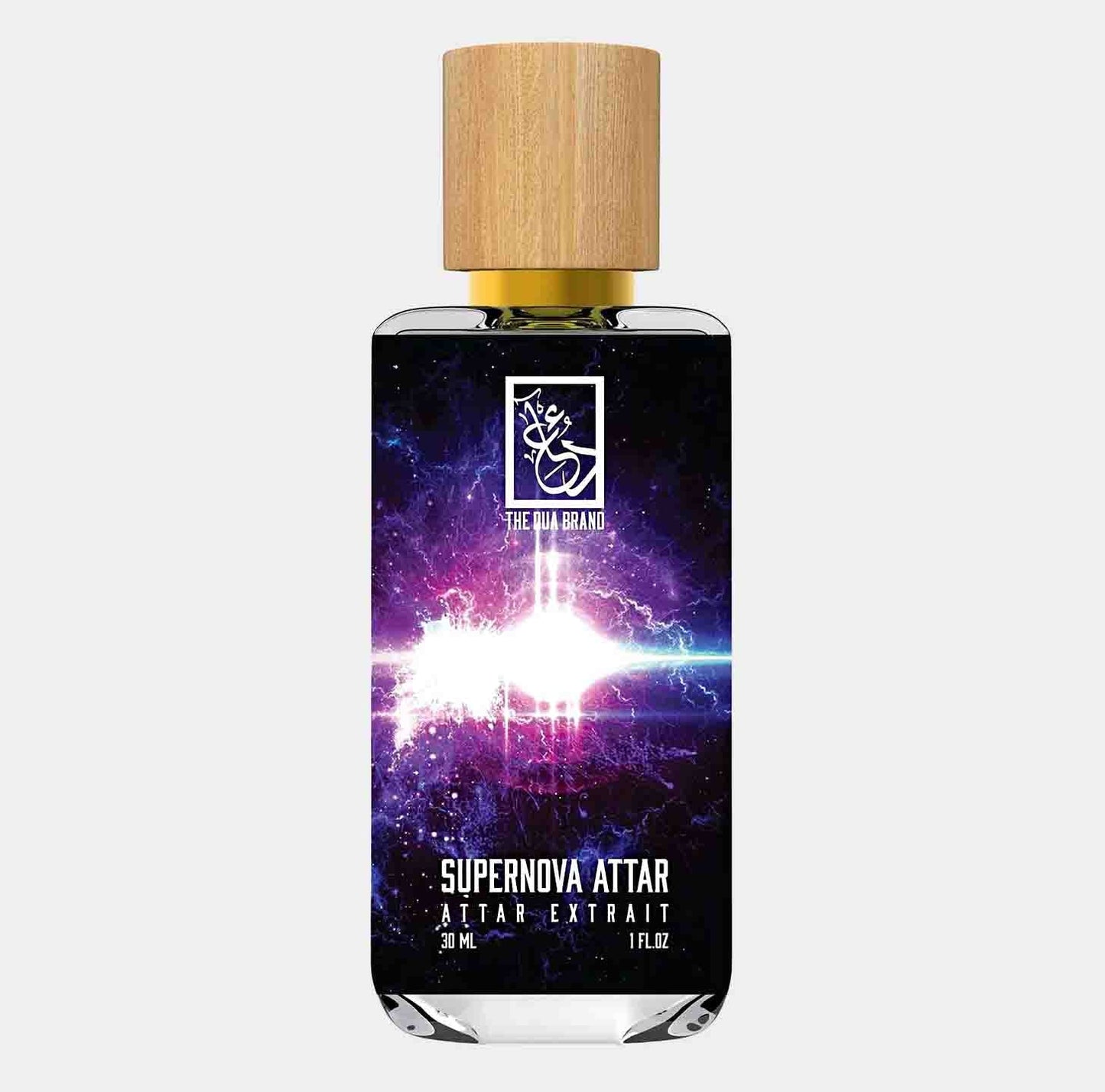 Dua Supernova Attar 50% Oil Sample in a sleek glass bottle with a wooden cap, featuring a vibrant cosmic design on the label.