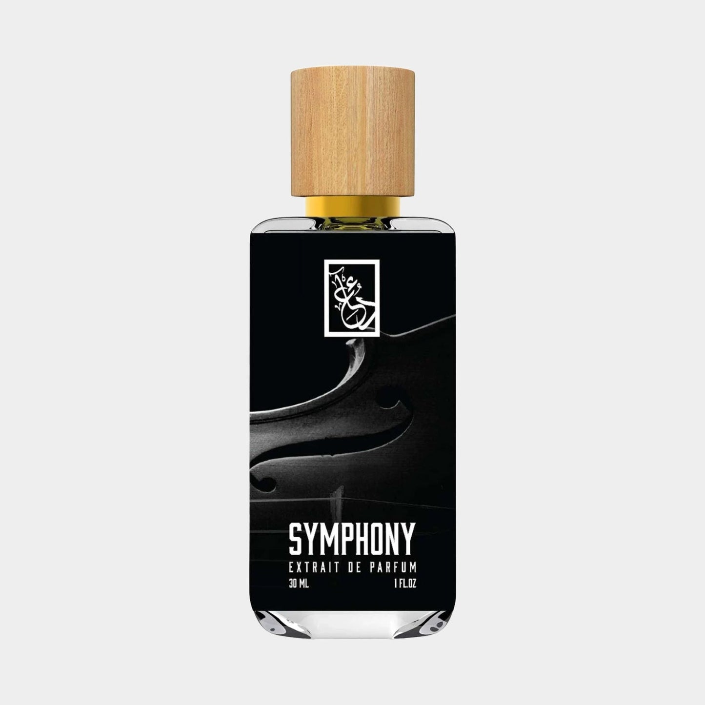 Dua Symphony Sample, a 30 ml extrait de parfum in an elegant glass bottle with a wooden cap, featuring a sleek black label design.