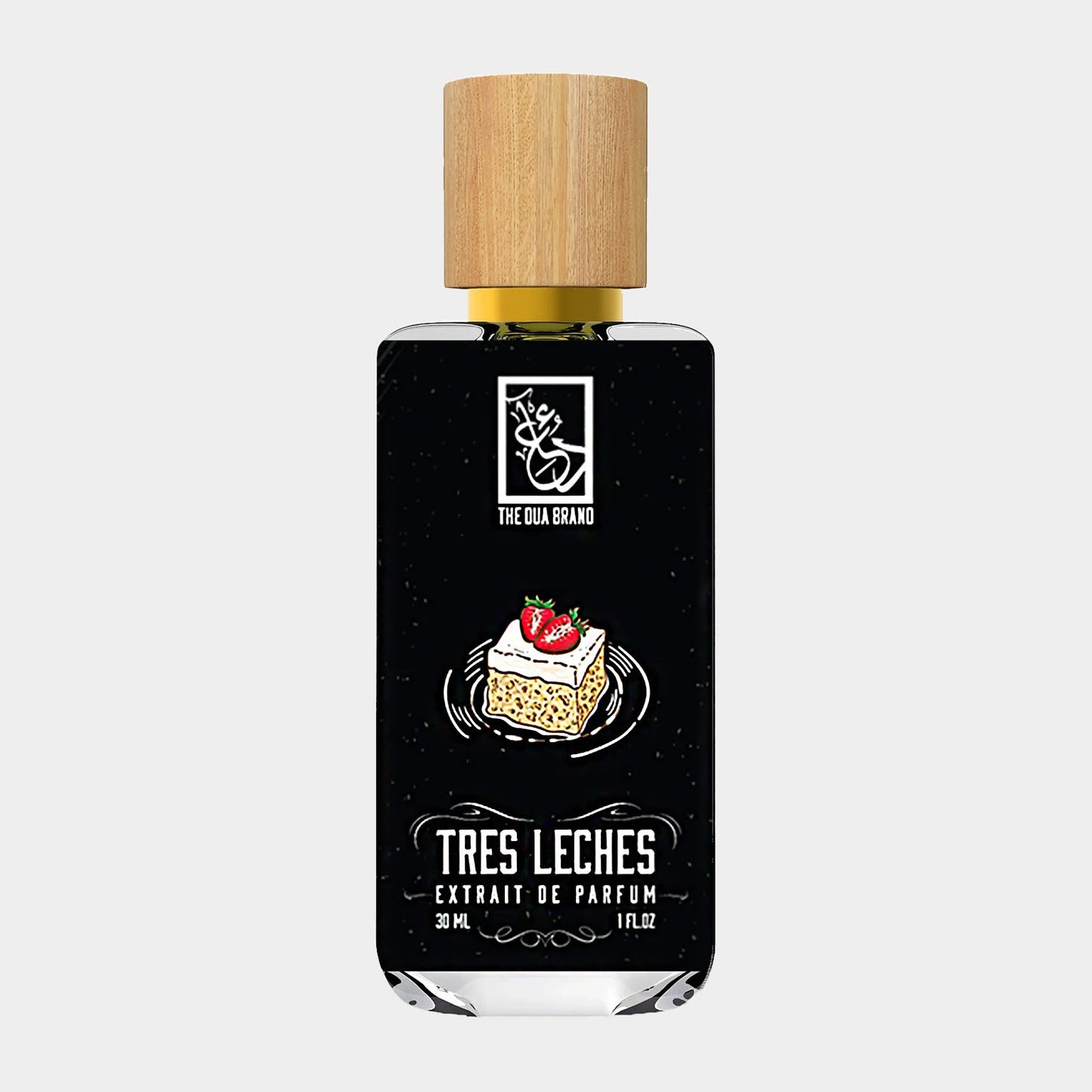Dua Tres Leches Sample, a 30 ml perfume featuring a sleek black bottle with a wooden cap, inspired by the traditional dessert tres leches, adorned with a slice of cake and strawberry design.
