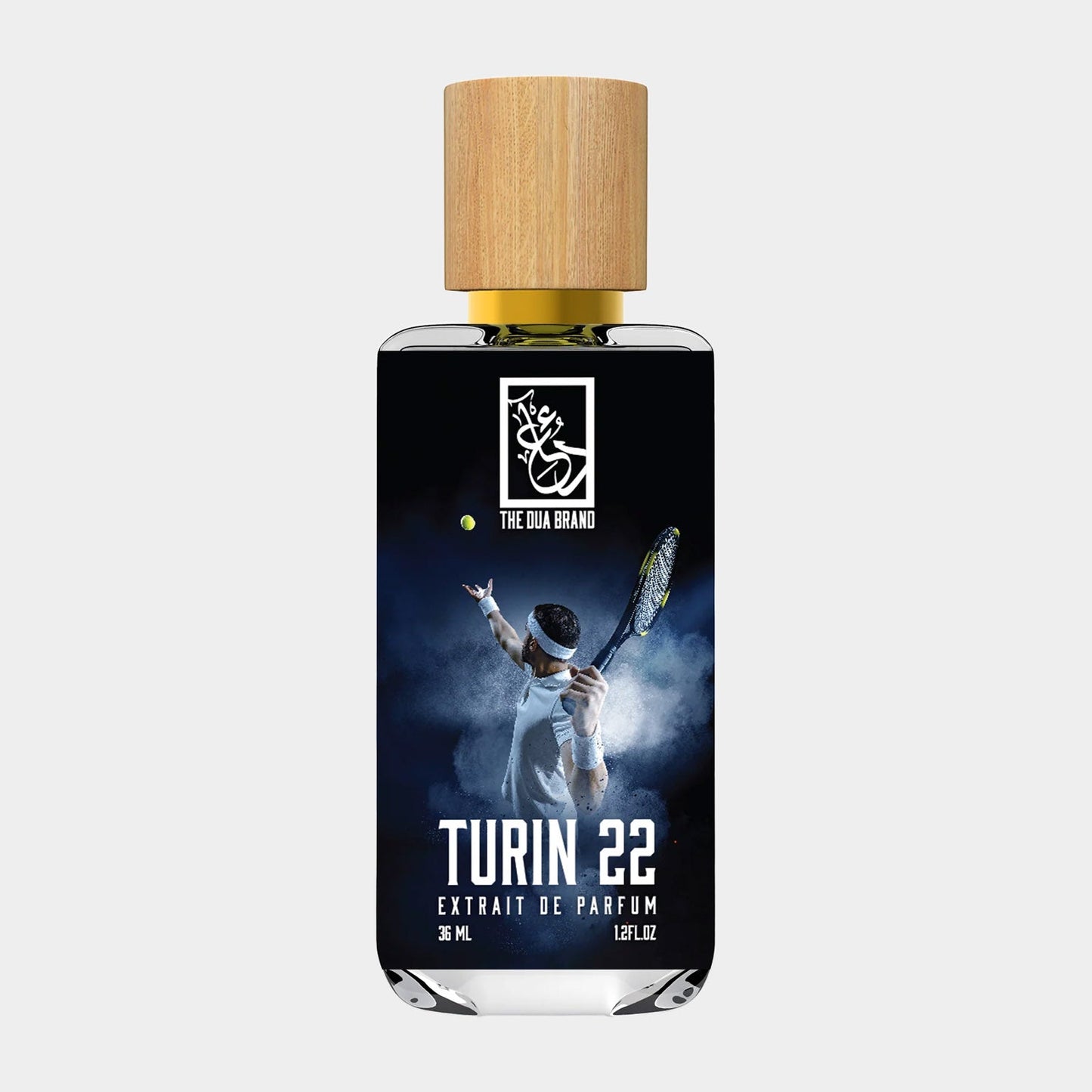A sleek black perfume bottle labeled Dua Turin 22, featuring a wooden cap and a dynamic image of a tennis player in action against a dramatic background. The bottle contains 36 mL of extrait de parfum.