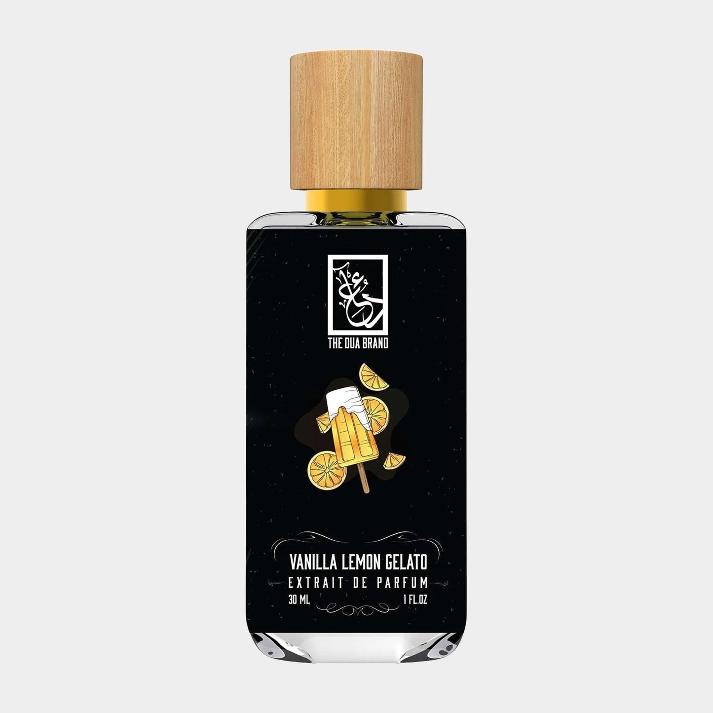 A 30 ml bottle of Dua Vanilla Lemon Gelato sample perfume featuring a sleek black design with a wooden cap, adorned with images of lemons and gelato. The label highlights the refreshing scent of vanilla and lemon.